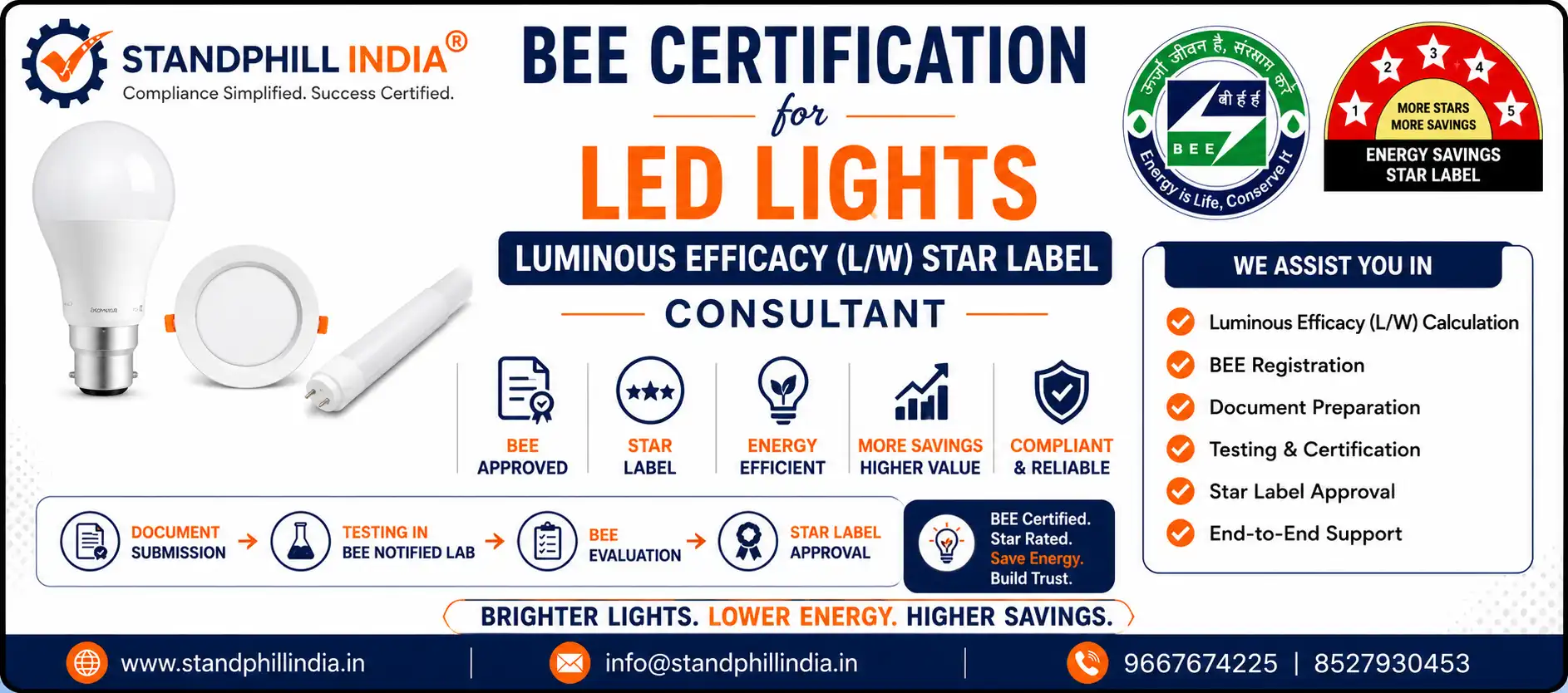 BEE Certification for LED Lights Luminous Efficacy (L/W) Star Label Registration - Standphill India