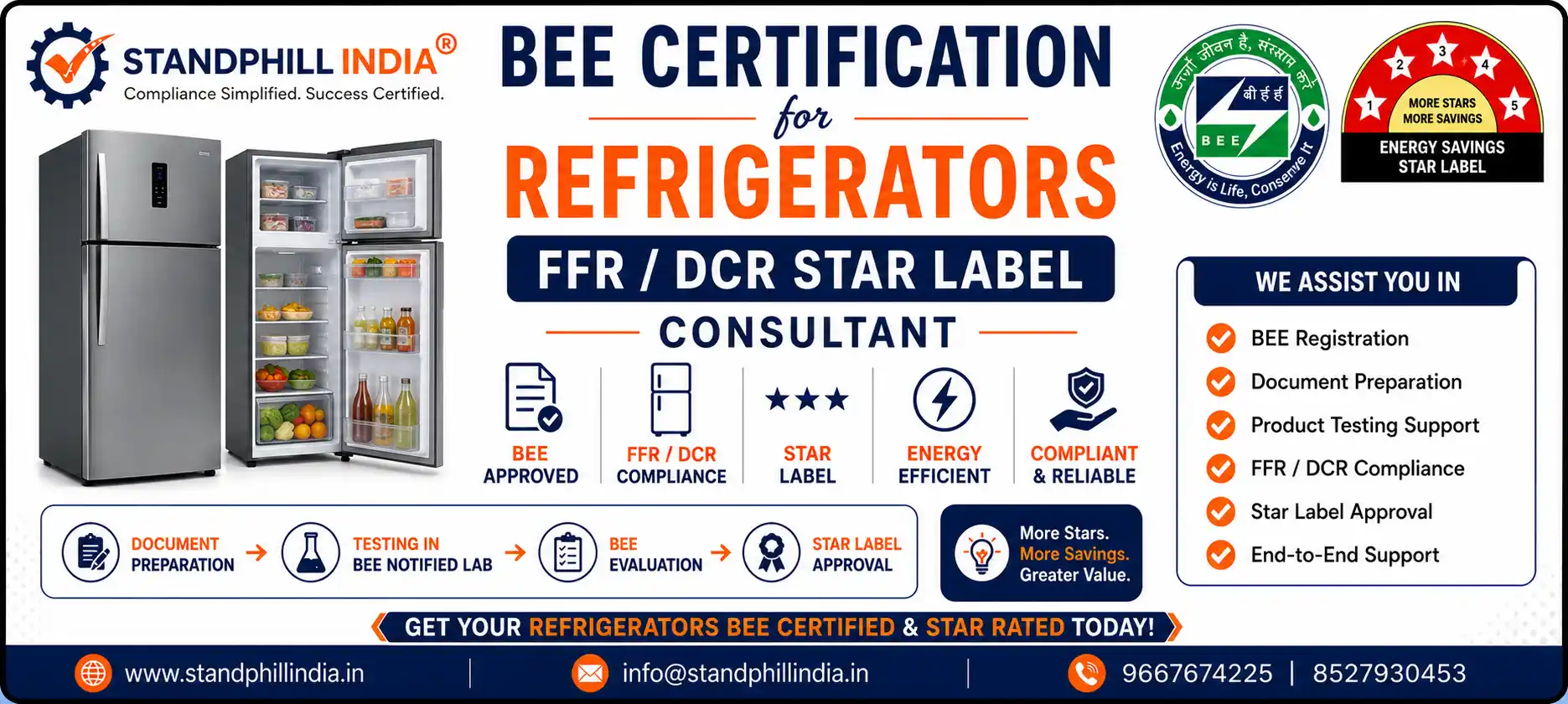 BEE Certification for Refrigerators FFR / DCR Star Tables Star Label Registration - Standphill India