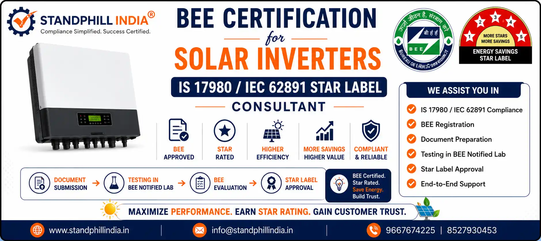 BEE Certification for Solar Inverters IS 17980 / IEC 62891 Star Label Registration - Standphill India