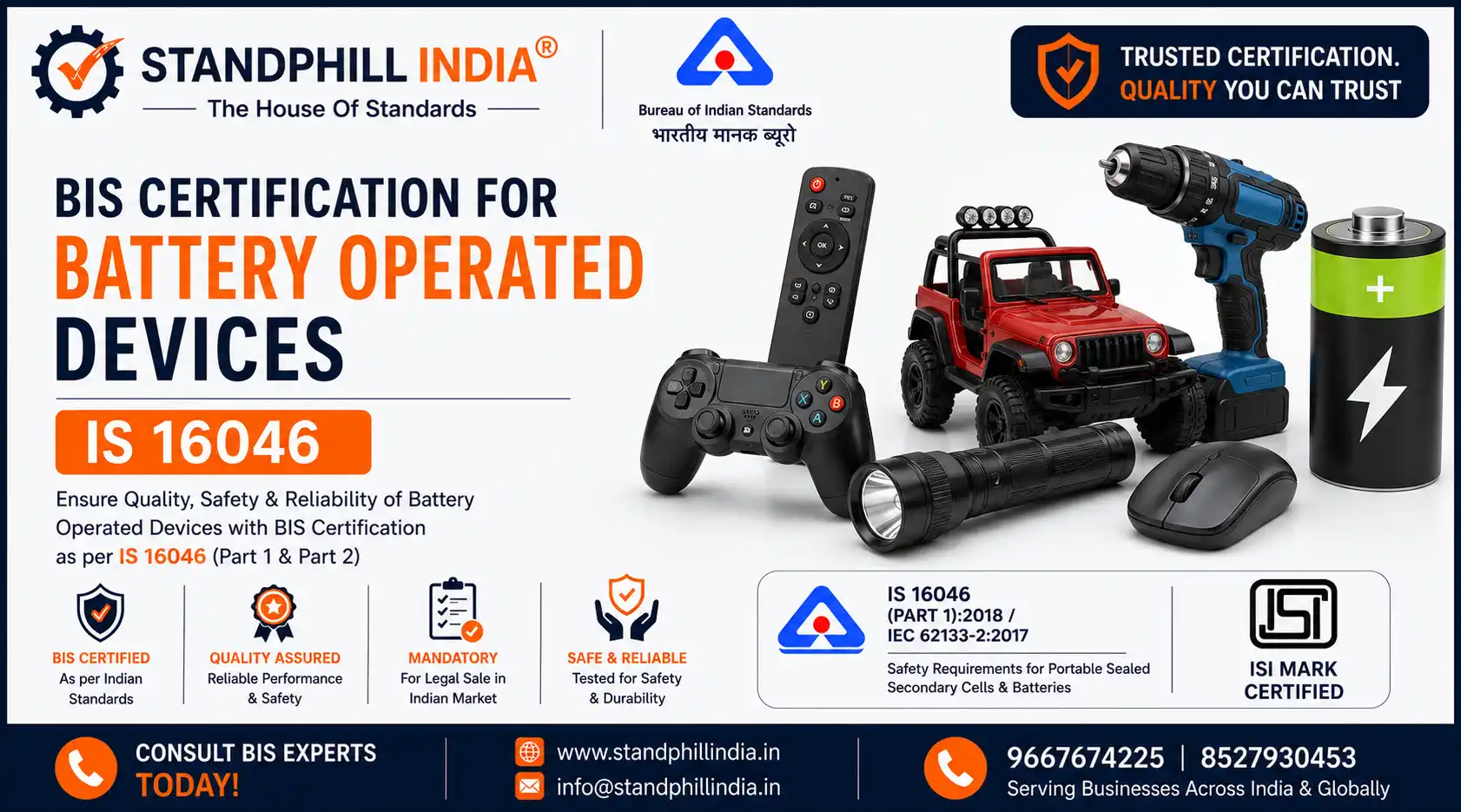 BIS Certification for Battery Operated Devices IS 16046 Part 2 - IS IEC 62368-1 2023 - Standphill India