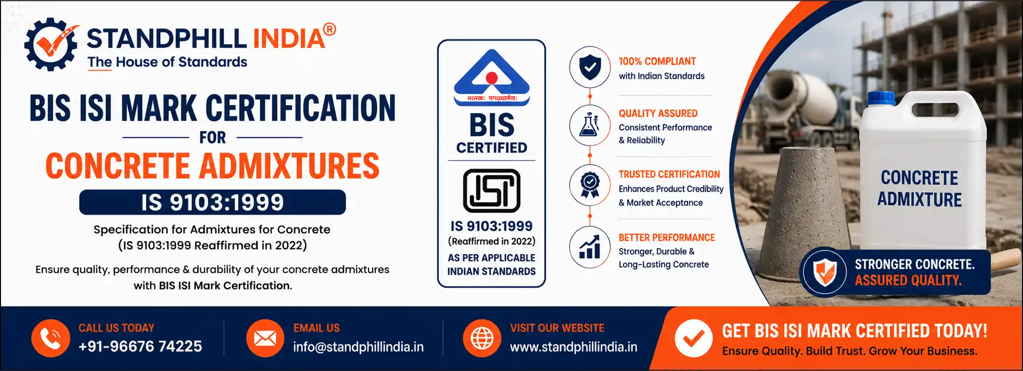 BIS Certification for Concrete Admixtures IS 9103 ISI Mark Licence - Standphill India