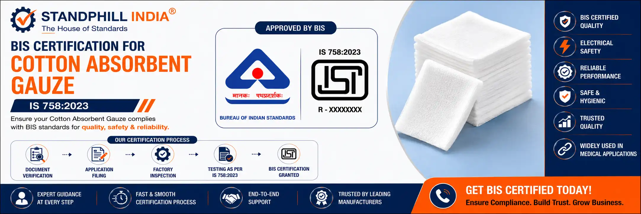 BIS certification for cotton absorbent gauze under IS 758 2023 medical textiles India