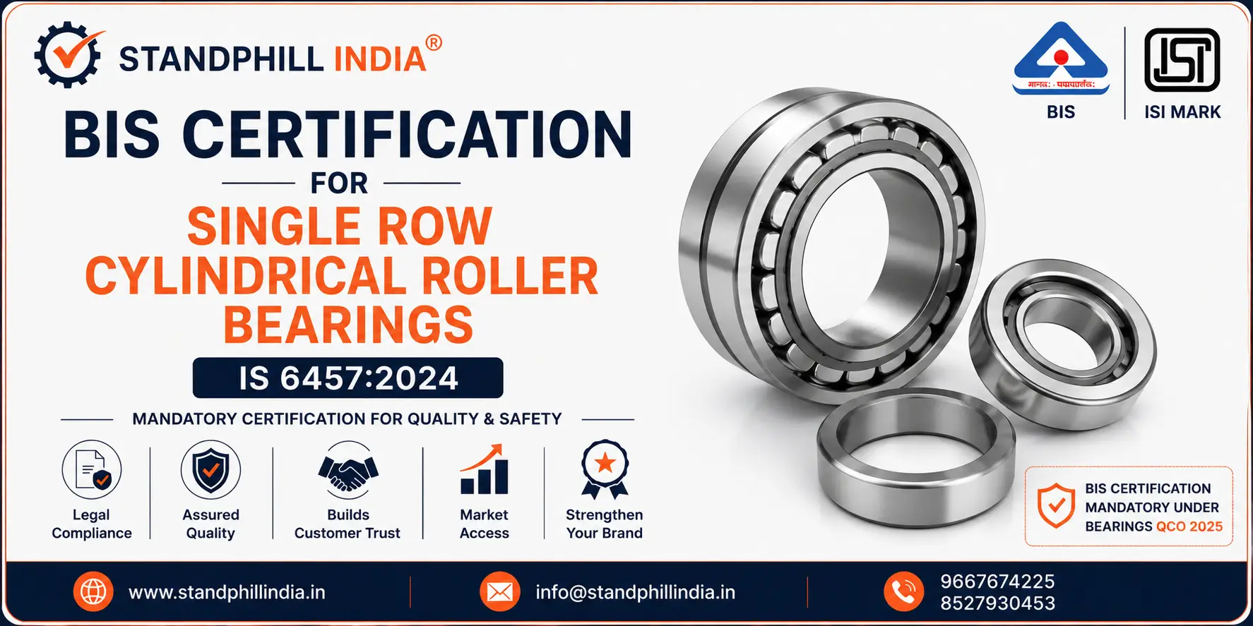 BIS ISI Mark Certification for Single Row Cylindrical Roller Bearings IS 6457:2024 Bearings QCO 2025 - Standphill India