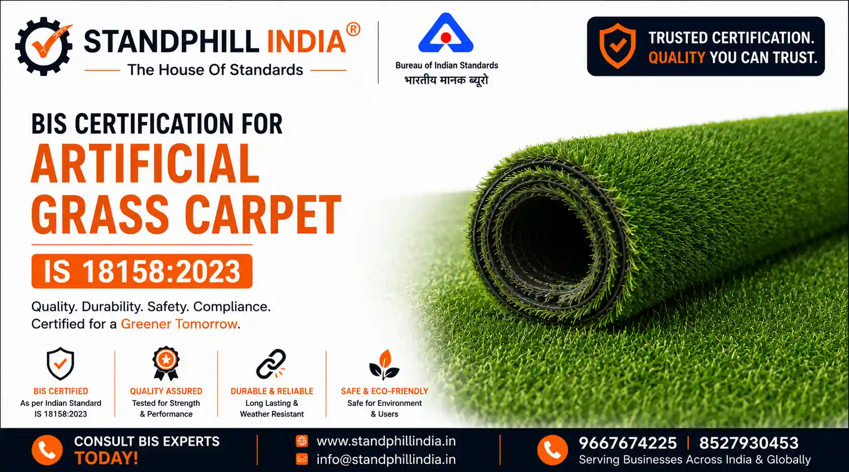BIS Certification for Artificial Grass Carpet IS 18158:2023 ISI Mark India - Standphill India