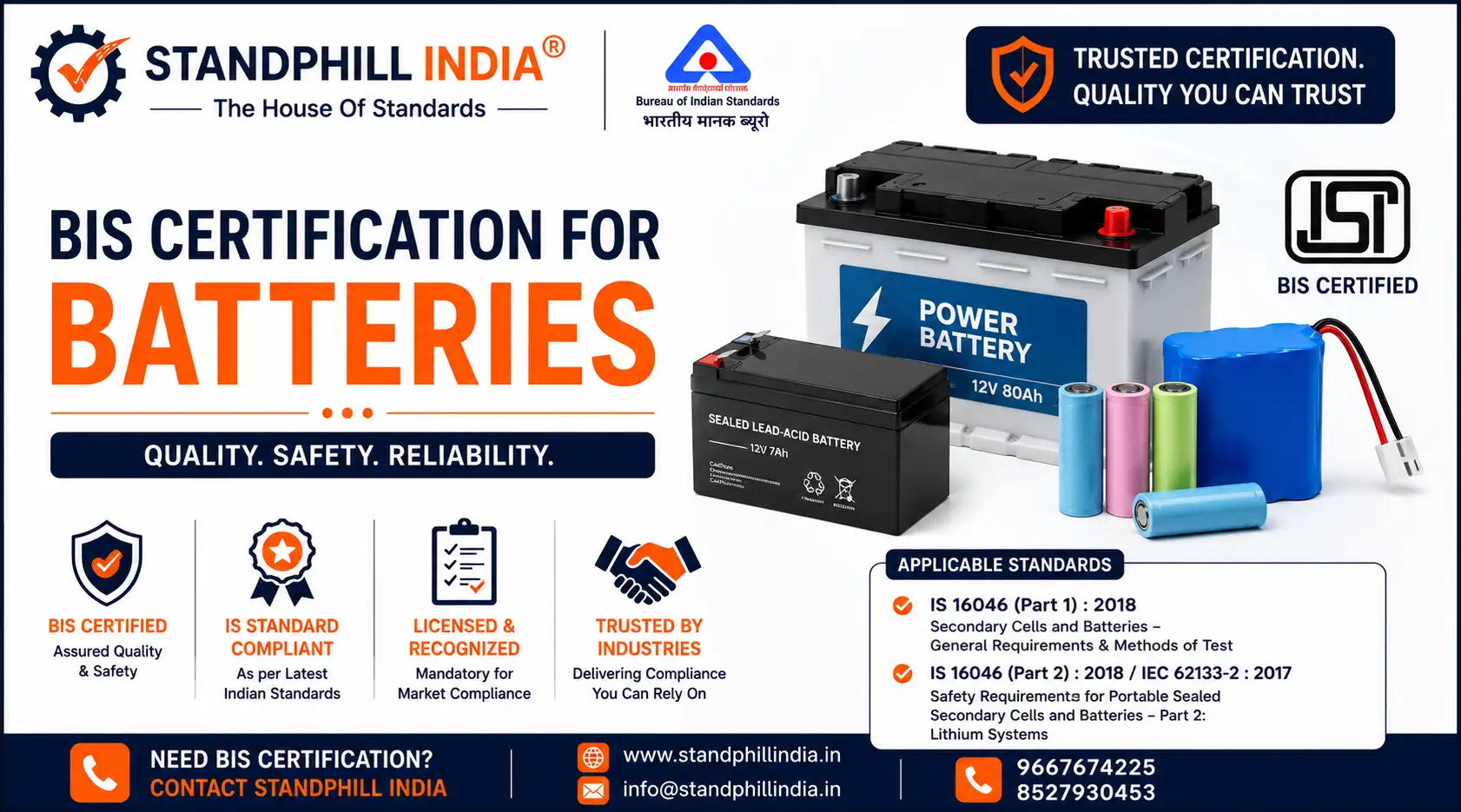 BIS Certification for Batteries India Complete Guide CRS IS 16046 ISI IS 8144 Lithium Lead Acid Solar EV - Standphill India