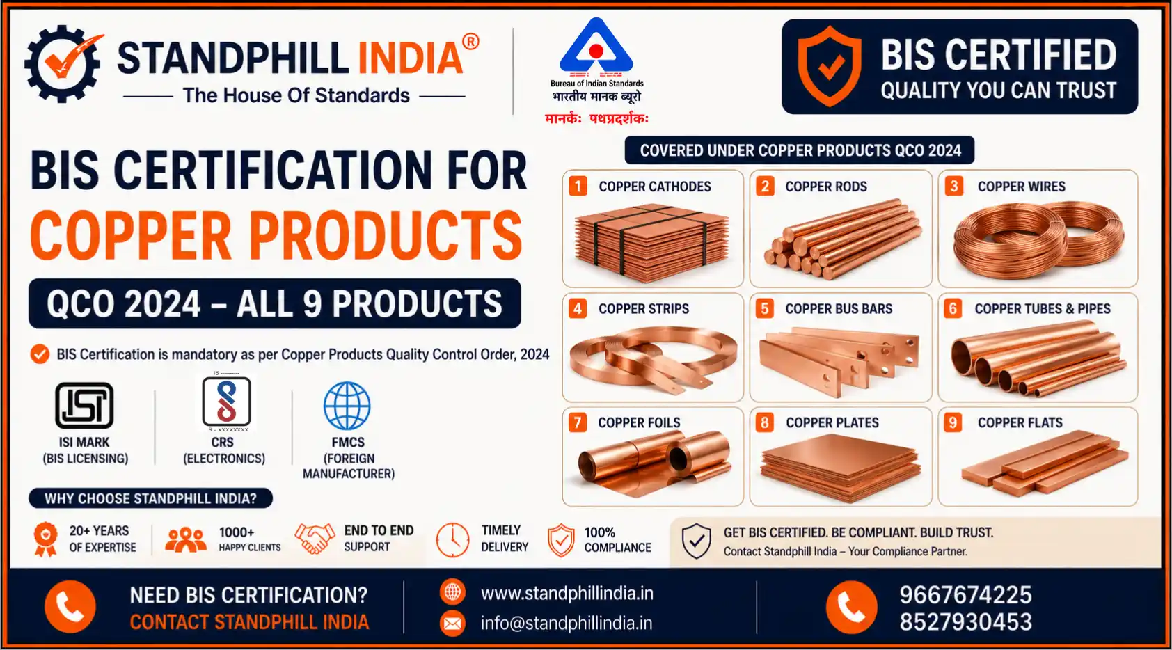 BIS Certification for Copper Products - Quality Control Order 2024 - All 9 Products - ISI Mark - Standphill India