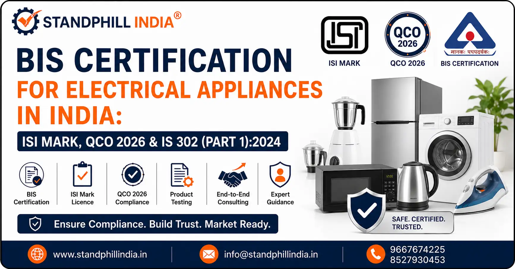 BIS Certification for Electrical Appliances in India under QCO 2026 and IS 302 Part 1 2024 - Standphill India
