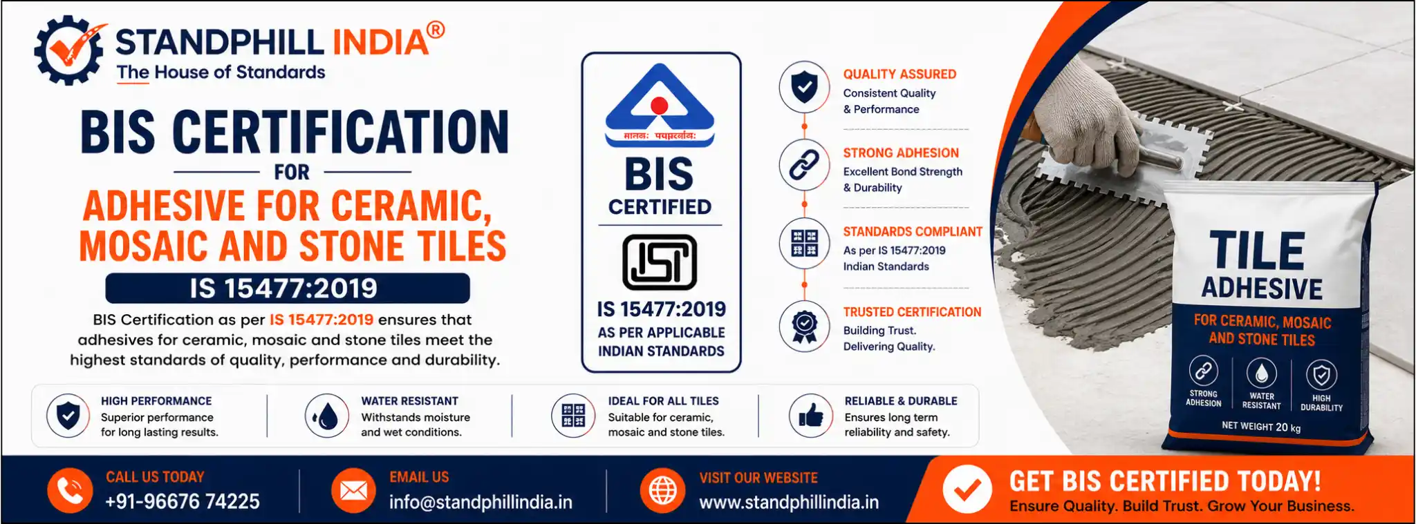 BIS Certification for Adhesive for Ceramic Mosaic and Stone Tiles IS 15477:2019 - Standphill India