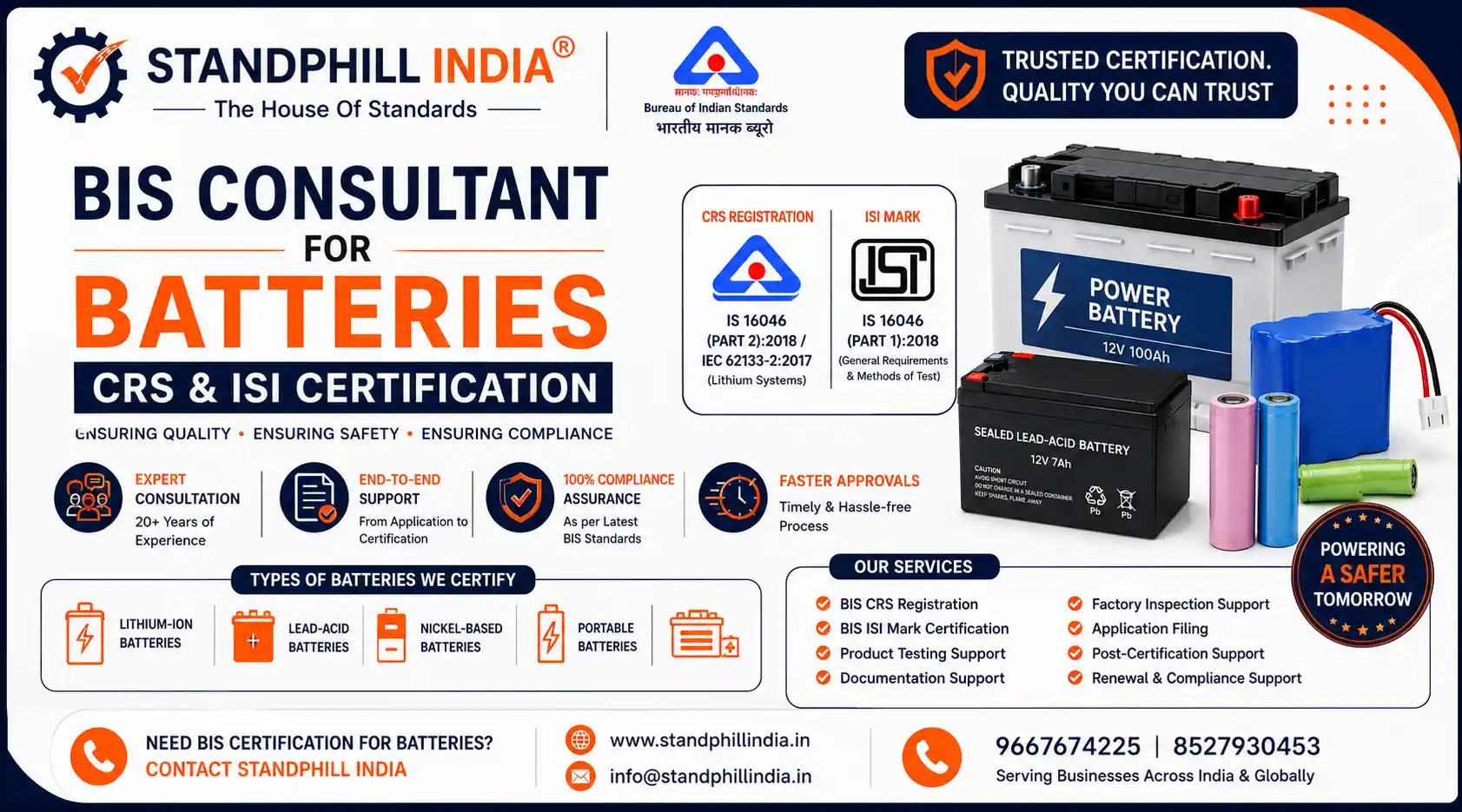 BIS Consultant for Batteries India CRS ISI Registration Lithium Dry Cell Lead Acid - Standphill India