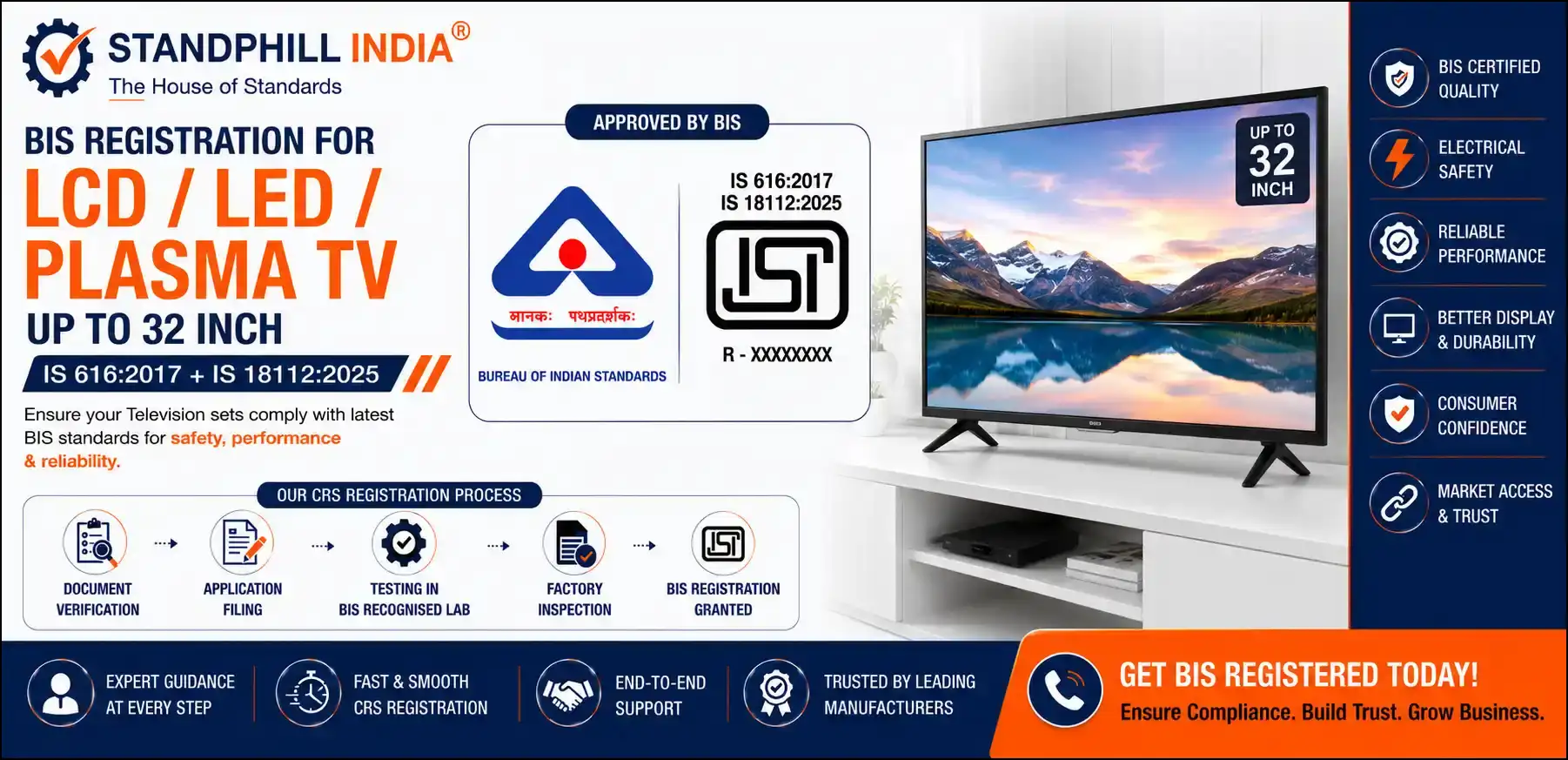 BIS Registration for LCD LED Plasma Television up to 32 inch under IS 616 and IS 18112