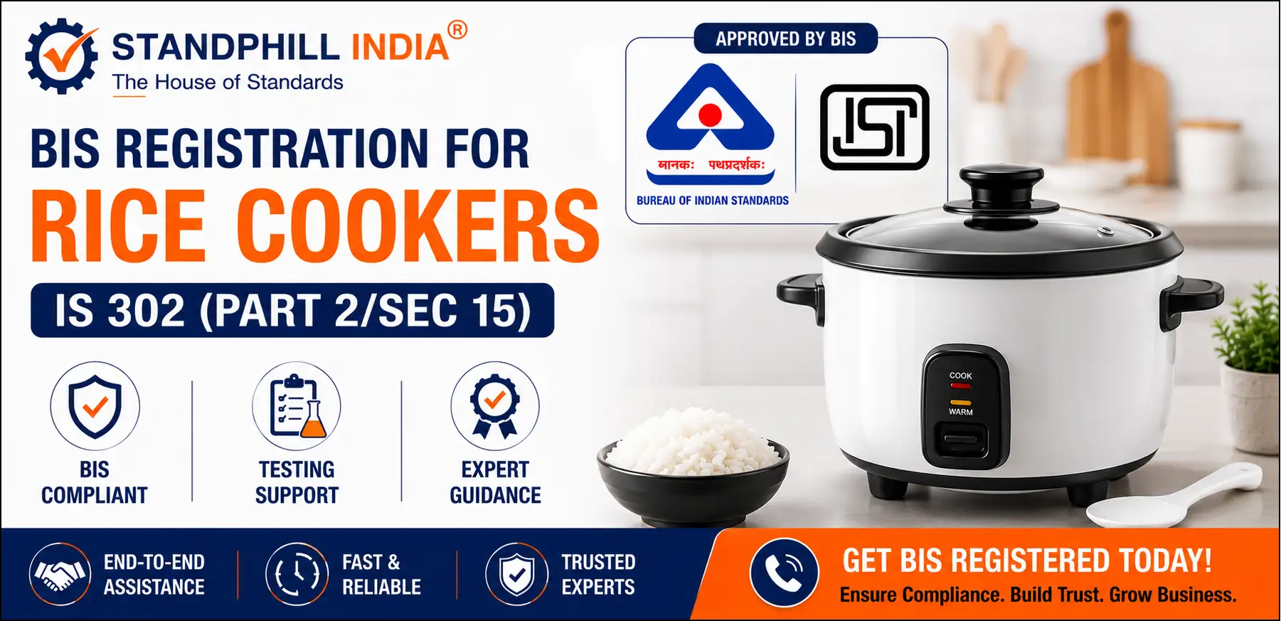 BIS Registration for Rice Cookers IS 302 Part 2 Section 15 ISI Mark Certification India Standphill India