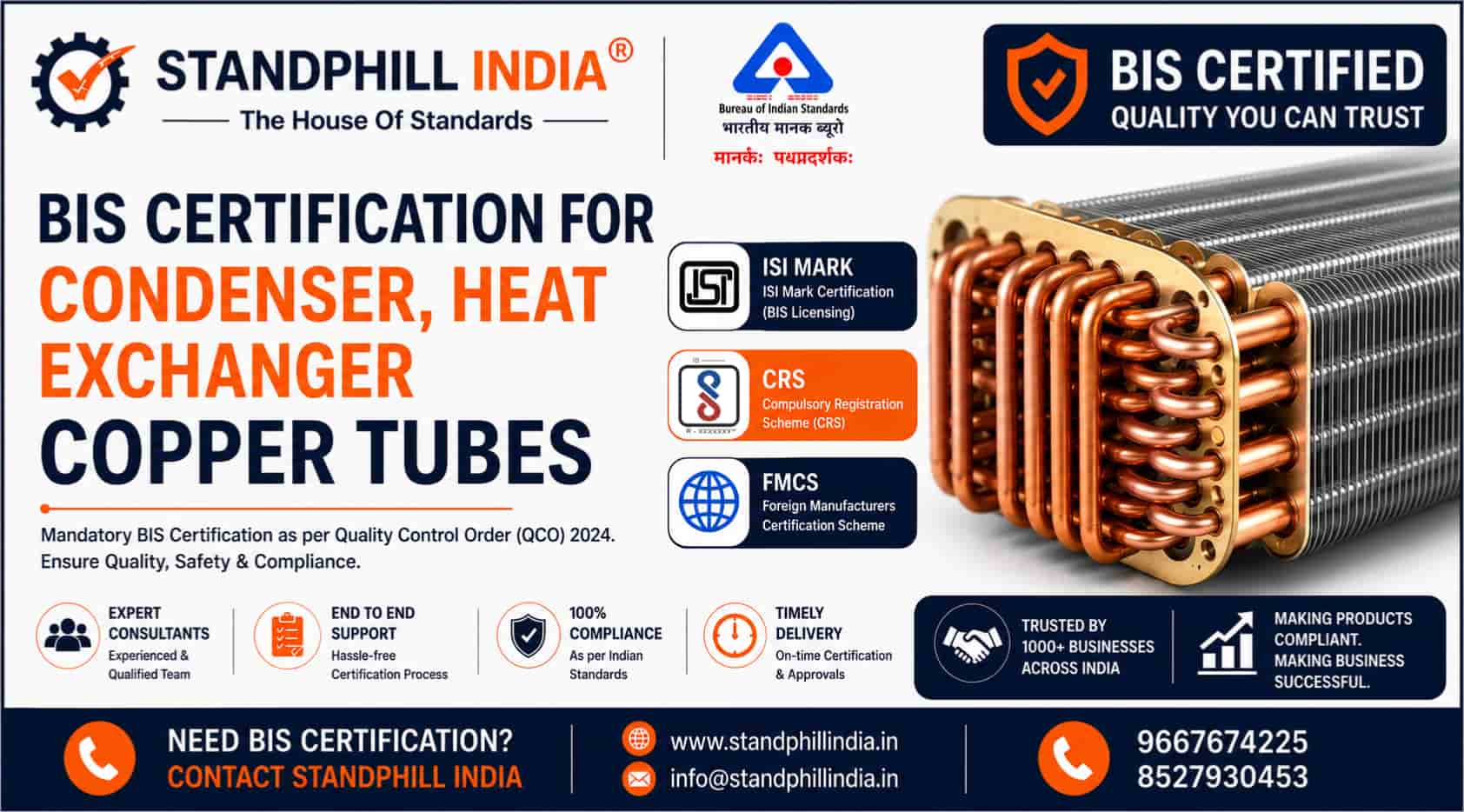 BIS Certification for Copper and Copper Alloy Condenser and Heat Exchanger Tubes IS 1545 - ISI Mark - Standphill India