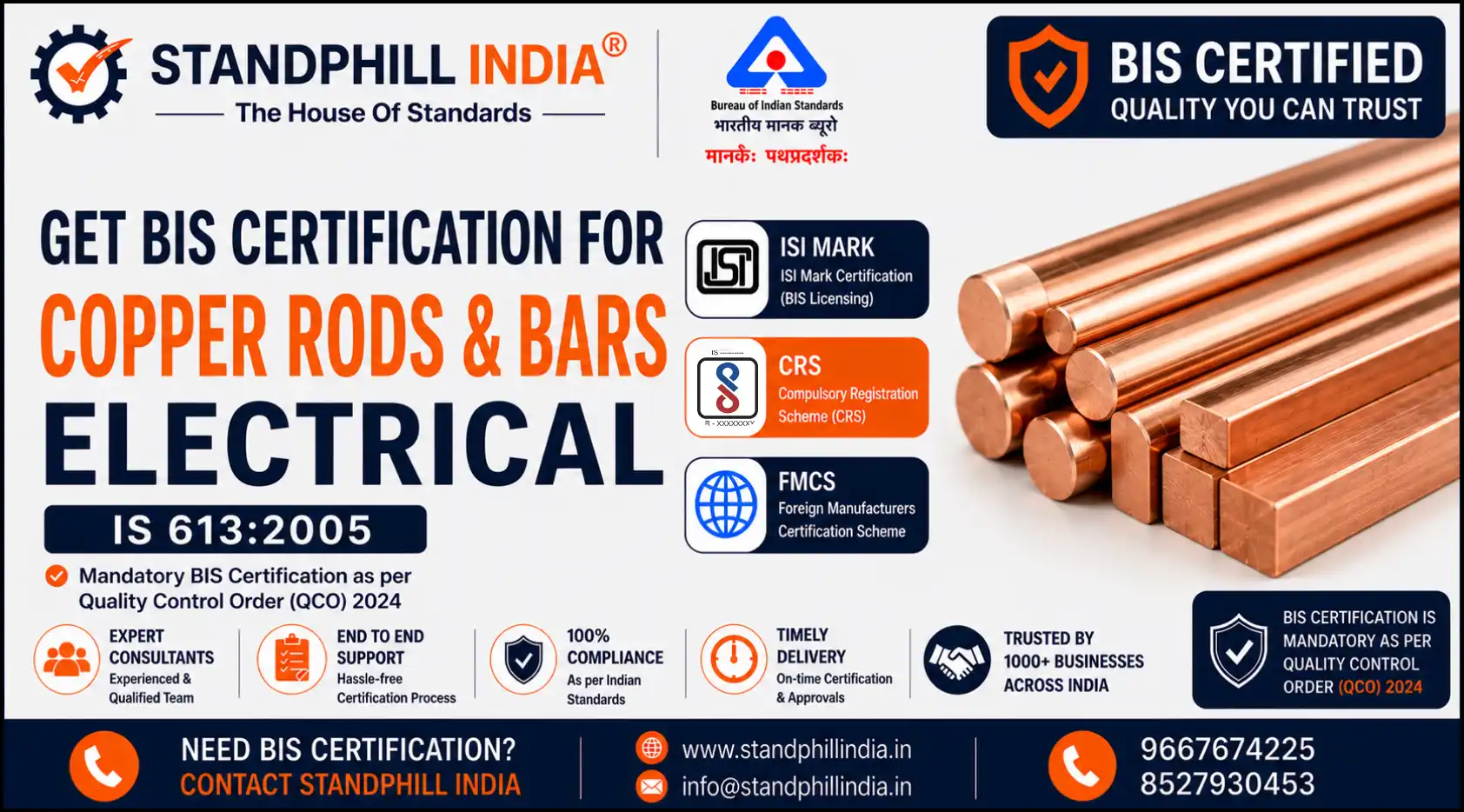 BIS Certification for Copper Rods and Bars for Electrical Purposes IS 613 - ISI Mark - Standphill India
