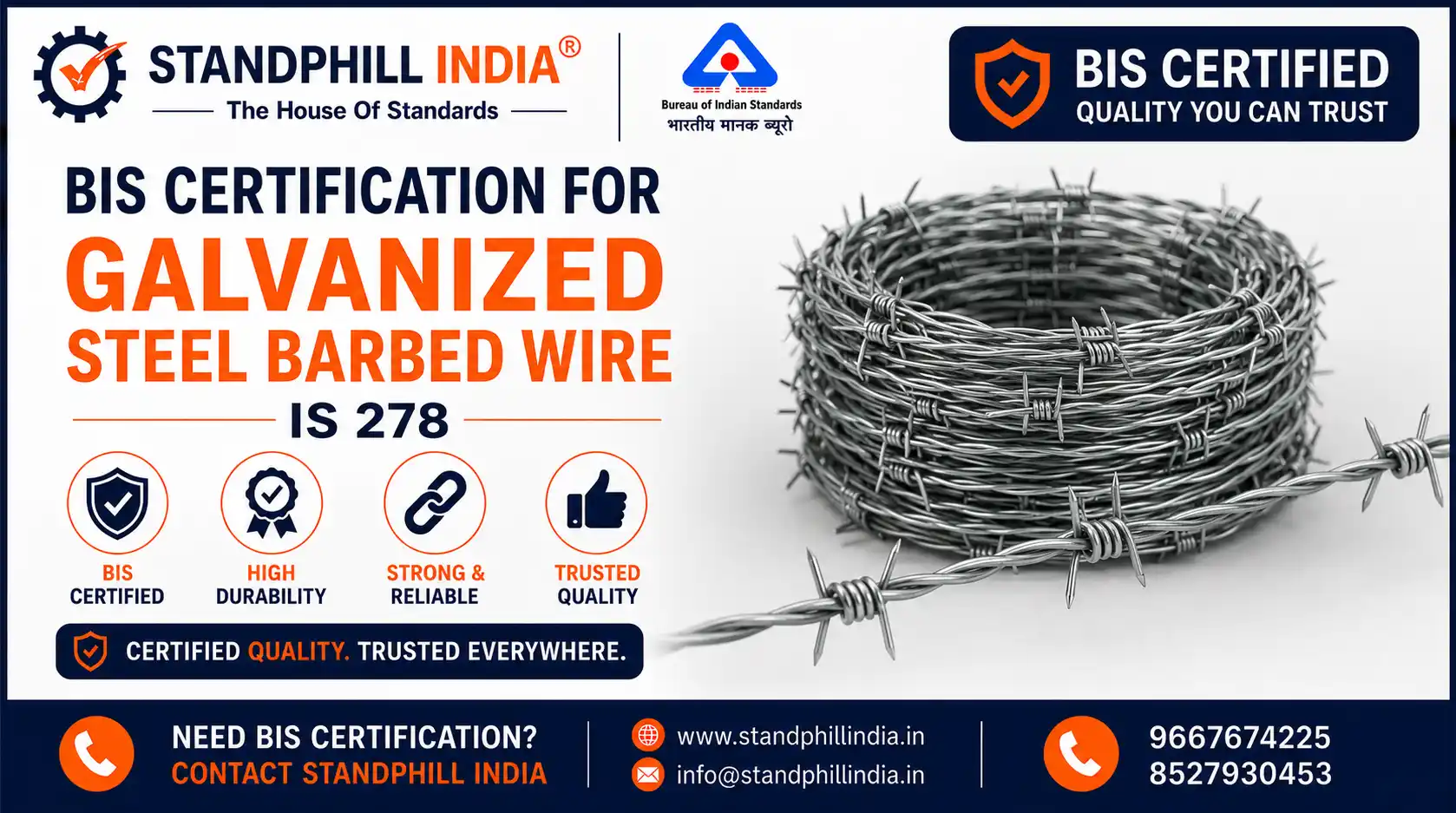 BIS Certification for Galvanized Steel Barbed Wire for Fencing IS 278 - ISI Mark - Standphill India