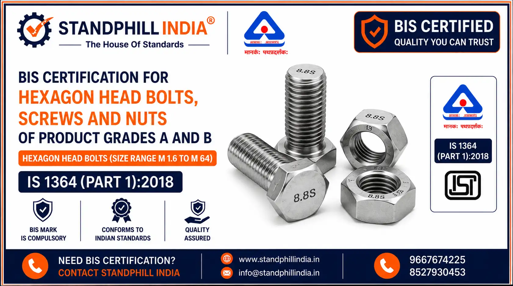 BIS Certification for Precision Grade A and B Hexagon Head Bolts and Screws M1.6 to M64 - ISI Mark - Standphill India