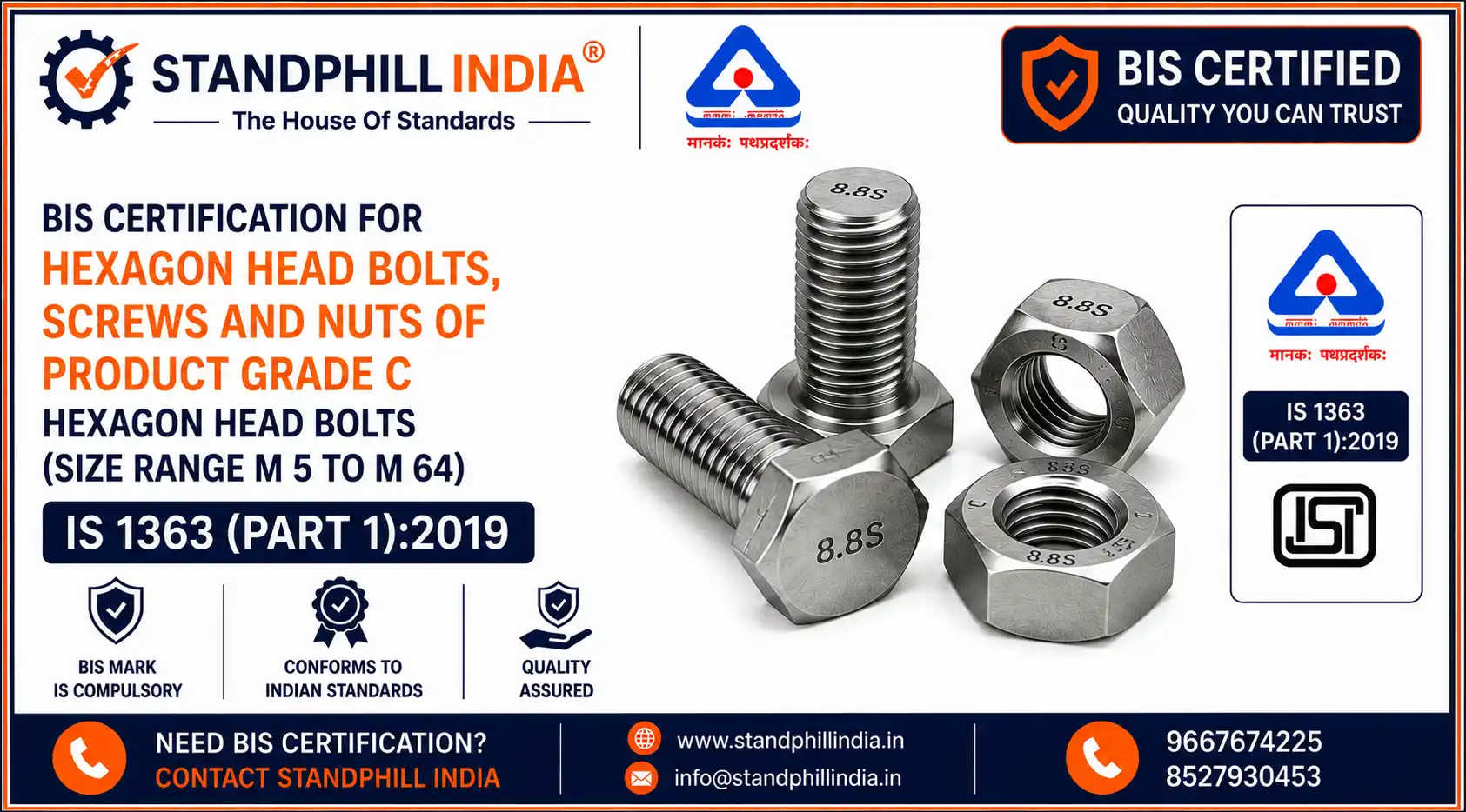 BIS Certification for General-Purpose Grade C Hexagon Head Bolts M5 to M64 - ISI Mark - Standphill India