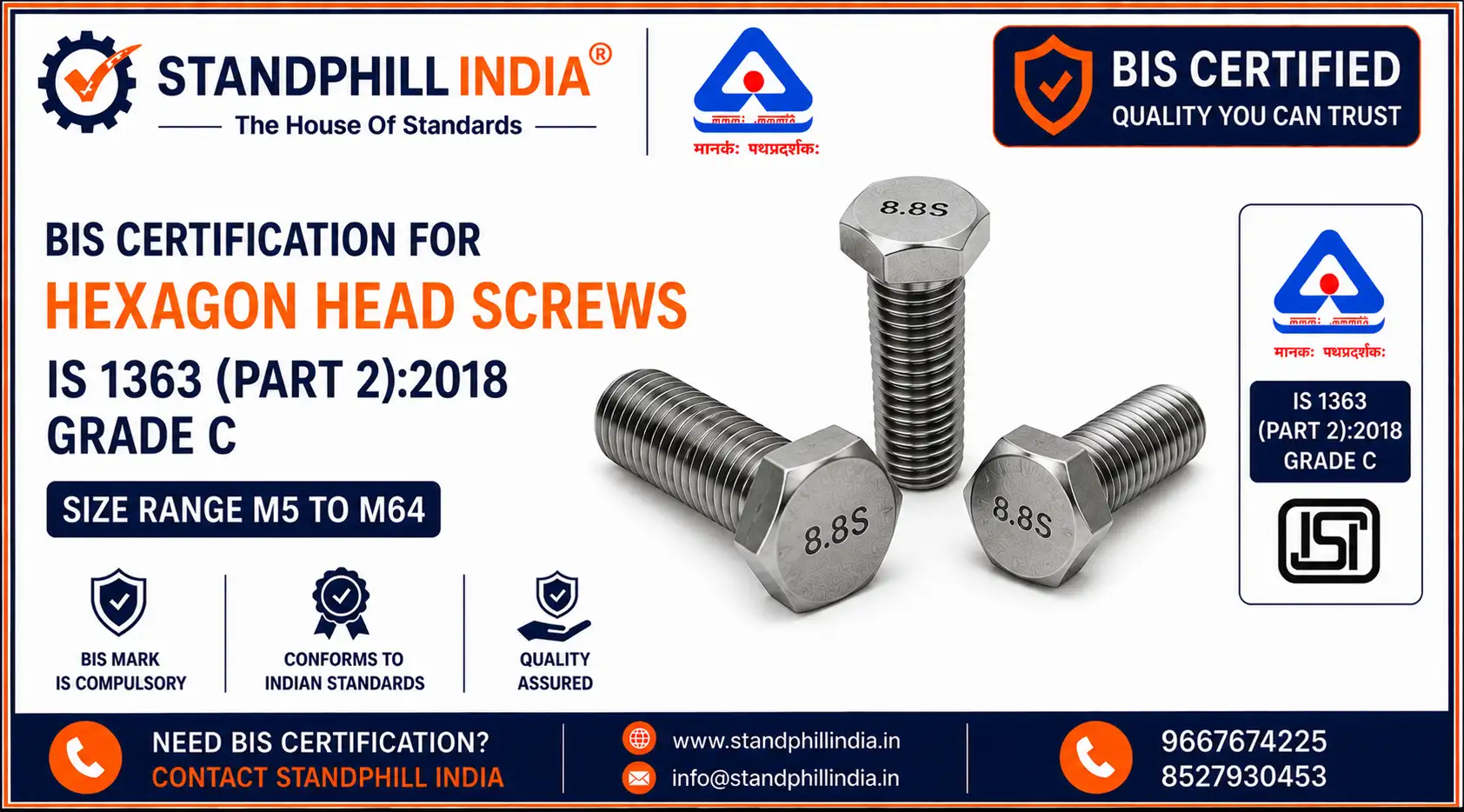 BIS Certification for General-Purpose Grade C Hexagon Head Screws M5 to M64 - ISI Mark - Standphill India