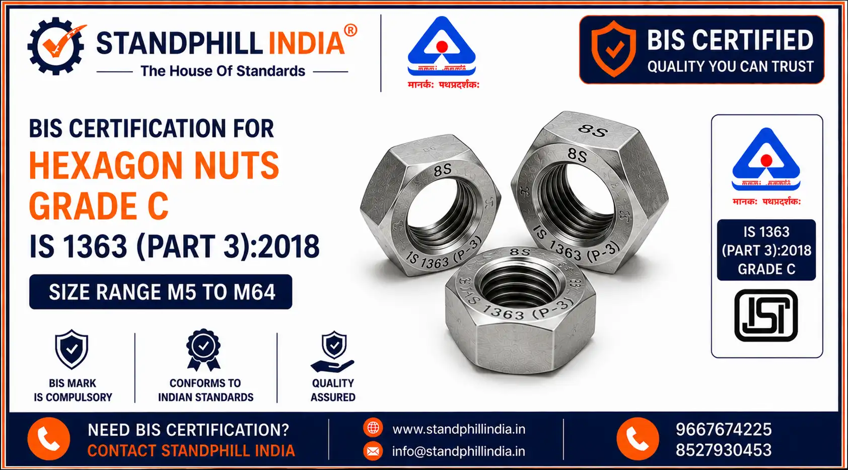 BIS Certification for General-Purpose Grade C Hexagon Nuts M5 to M64 - ISI Mark - Standphill India