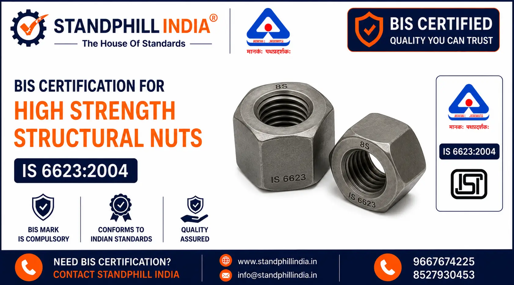BIS Certification for High Strength Structural Nuts Class 8 and 10 M12 to M36 - ISI Mark - Standphill India