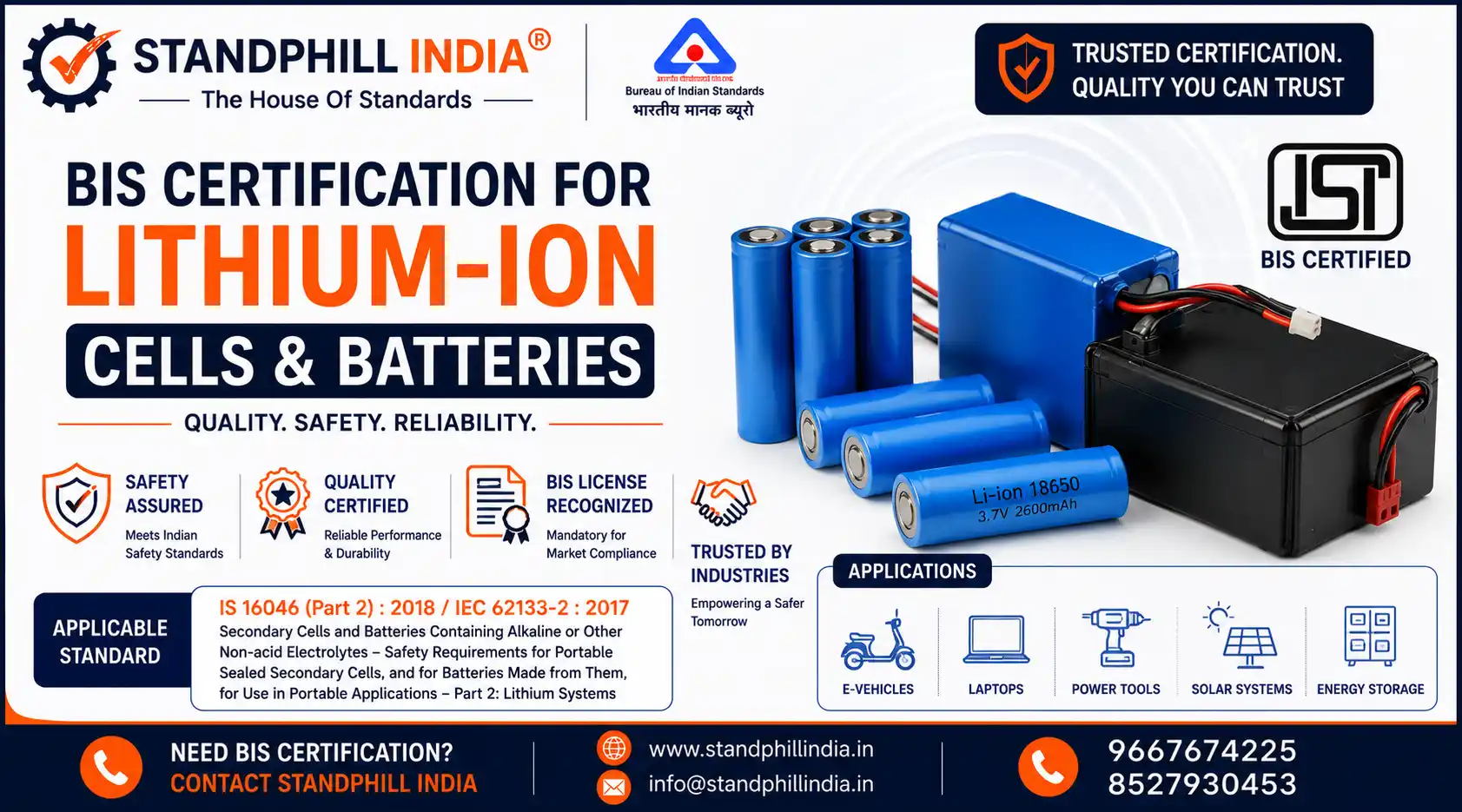 BIS Certification for Lithium Ion Cells and Batteries IS 16046 Part 2 CRS Registration - Standphill India
