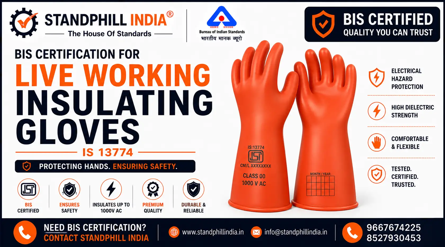 BIS Certification for Live Working Gloves of Insulating Material IS 13774 - ISI Mark - Standphill India