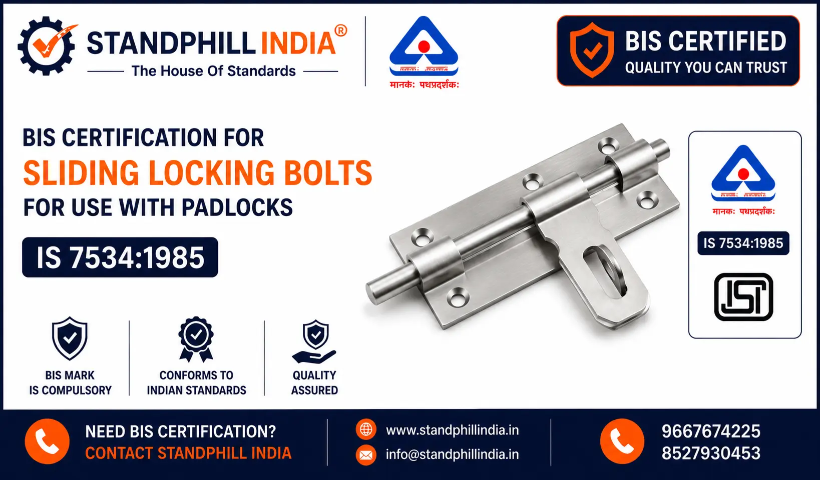 BIS Certification for Sliding Locking Bolts - ISI Mark - Standphill India