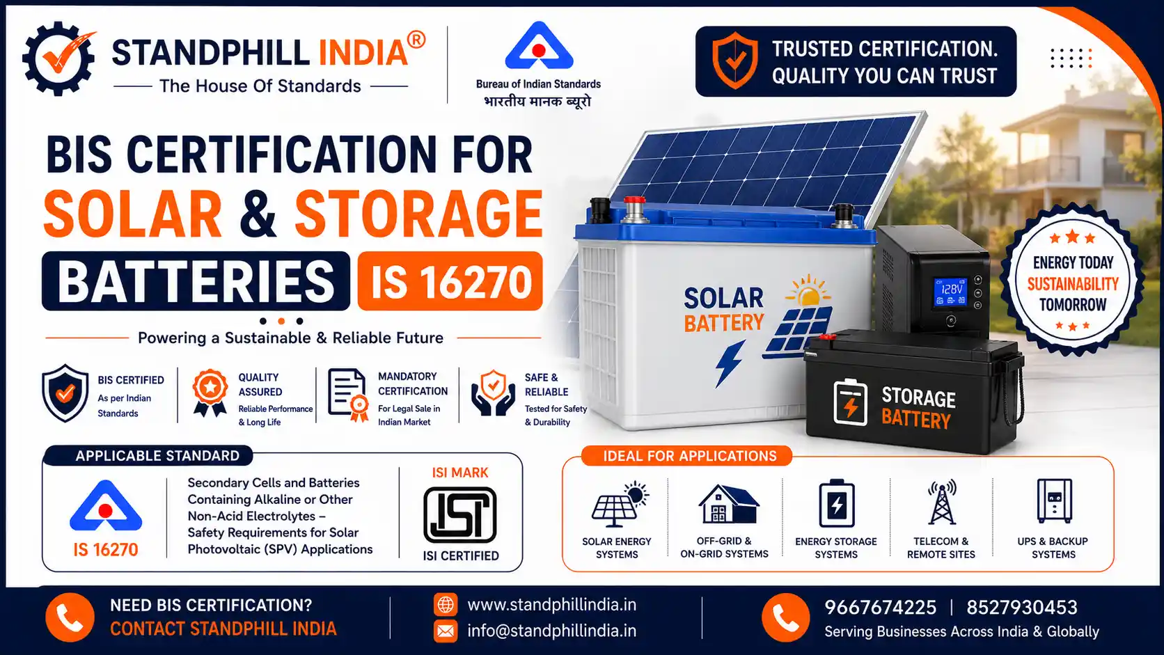 BIS Certification for Solar Storage Batteries IS 16270 2023 IS 16046 - Standphill India