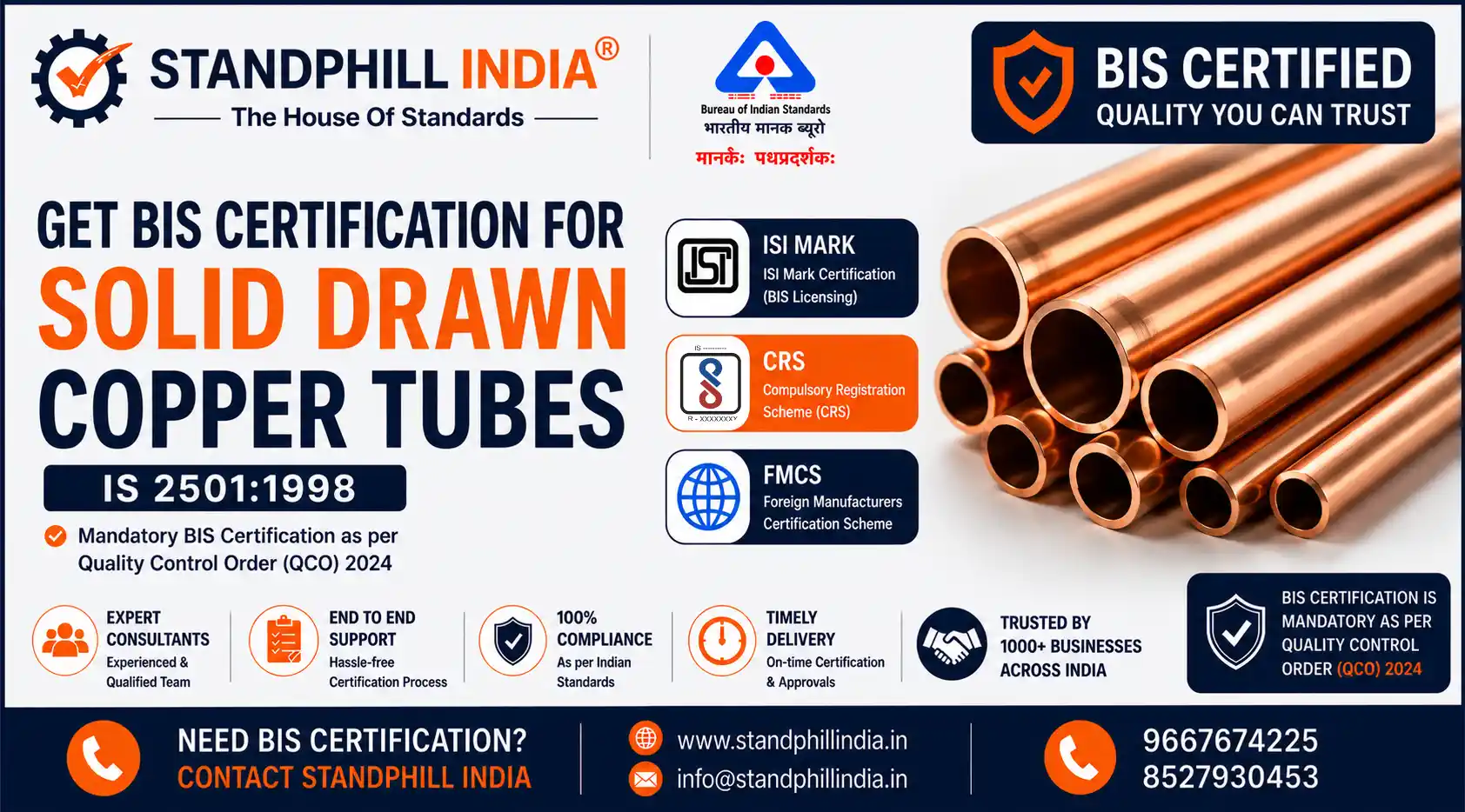 BIS Certification for Solid Drawn Copper Tubes for General Engineering IS 2501 - ISI Mark - Standphill India