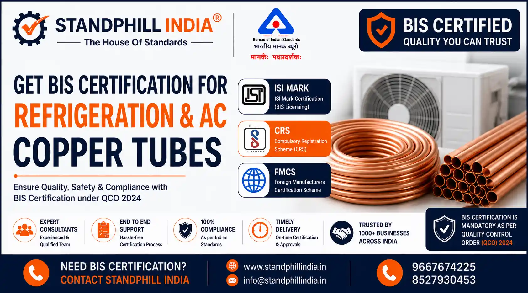 BIS Certification for Wrought Copper Tubes for Refrigeration and Air Conditioning IS 10773 - ISI Mark - Standphill India