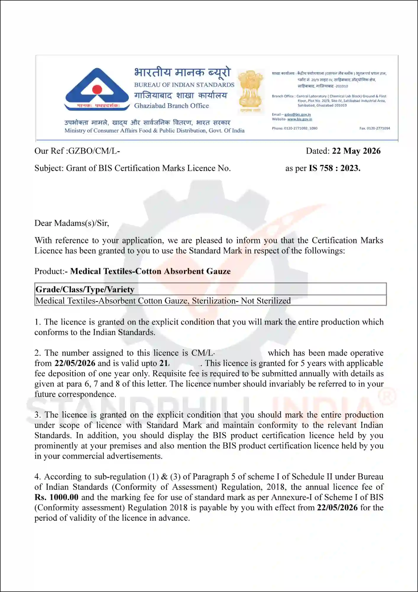 Sample of BIS Grant of Licence for ISI Mark - Standphill India