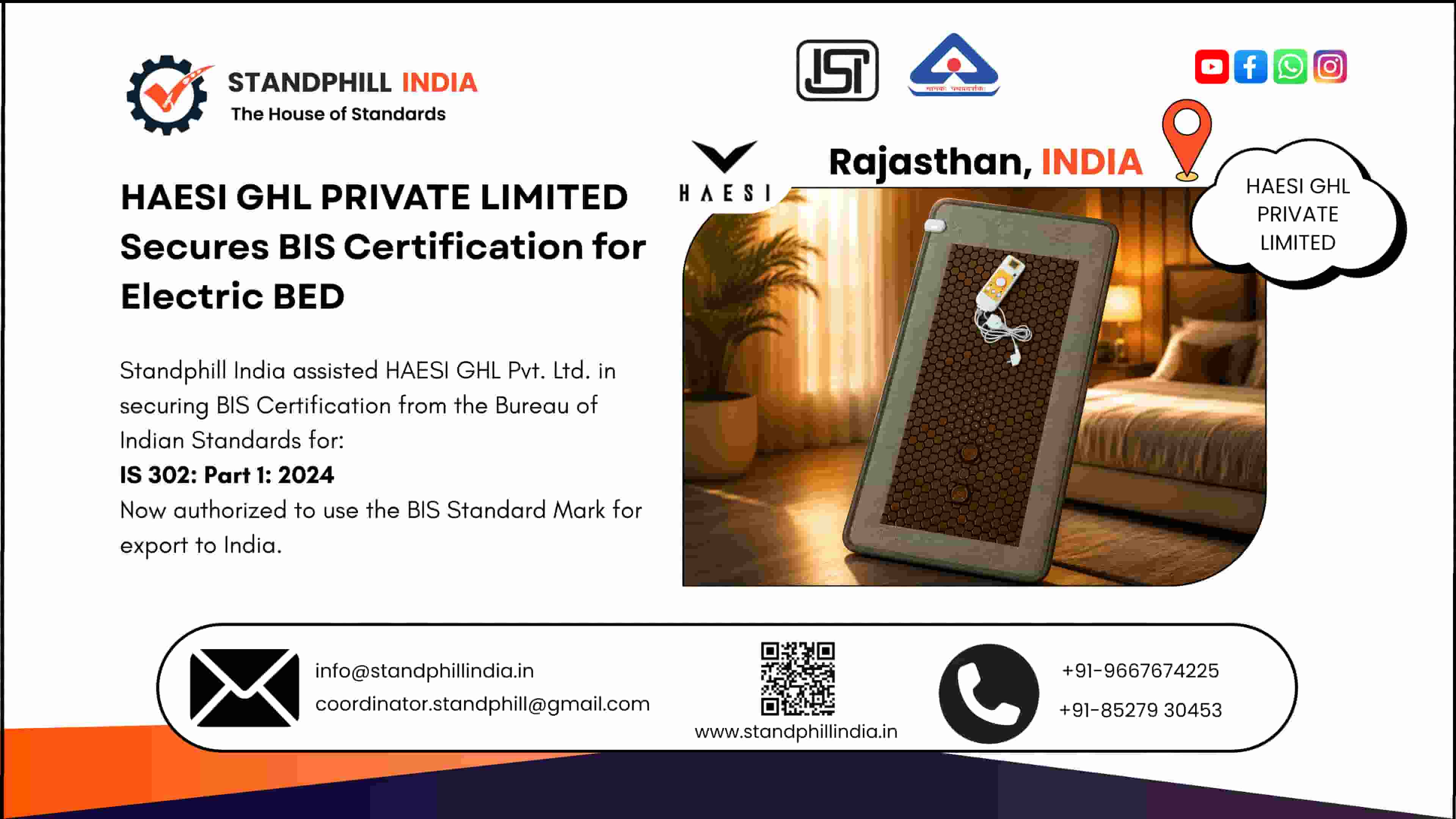 Standphill India assisted HAESI GHL Pvt Ltd in securing BIS Certification for Electric Bed under IS 302 Part 1:2024