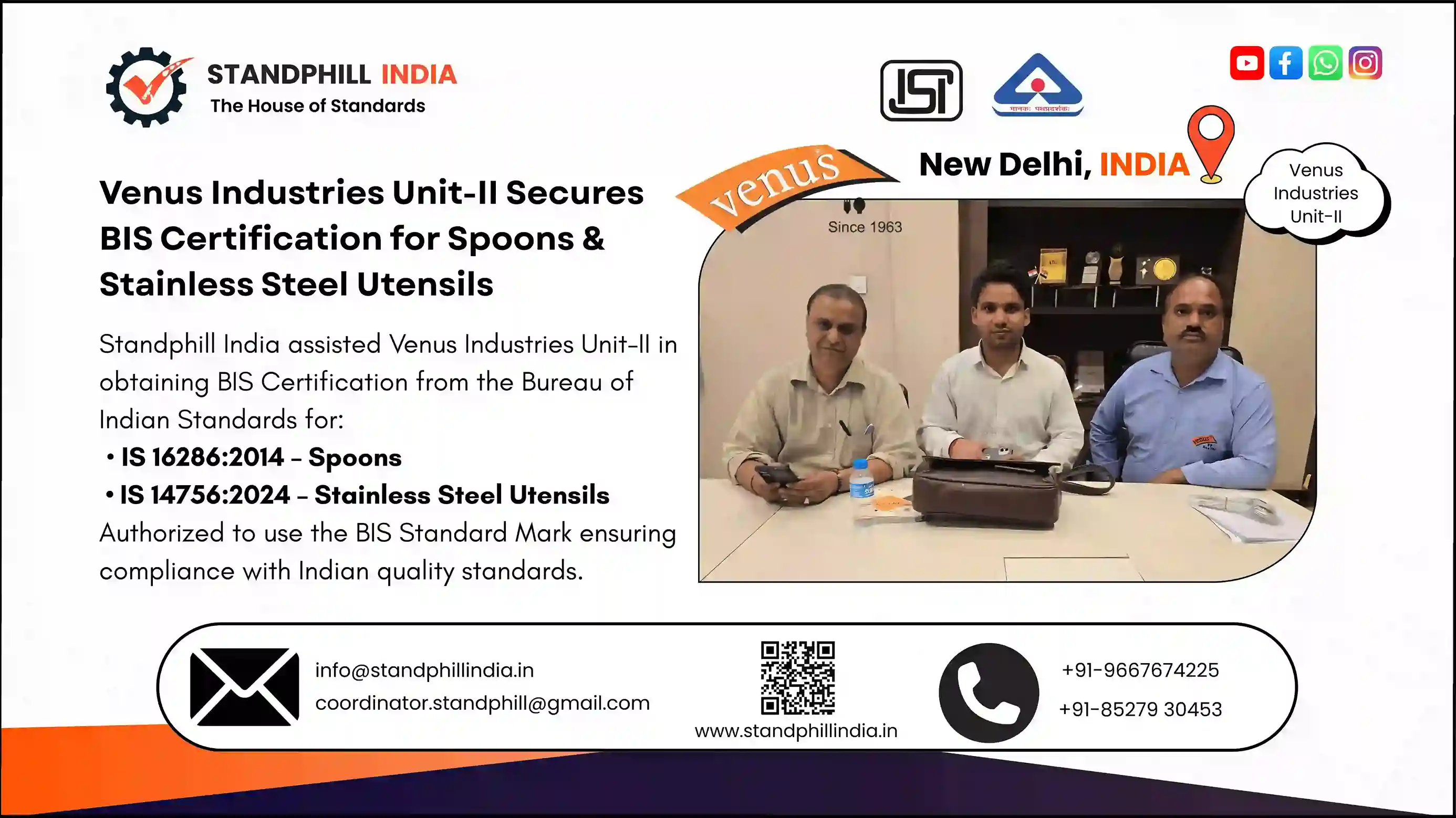 Standphill India helps venus industries to got bis certified for spoons and stainless steel utilities