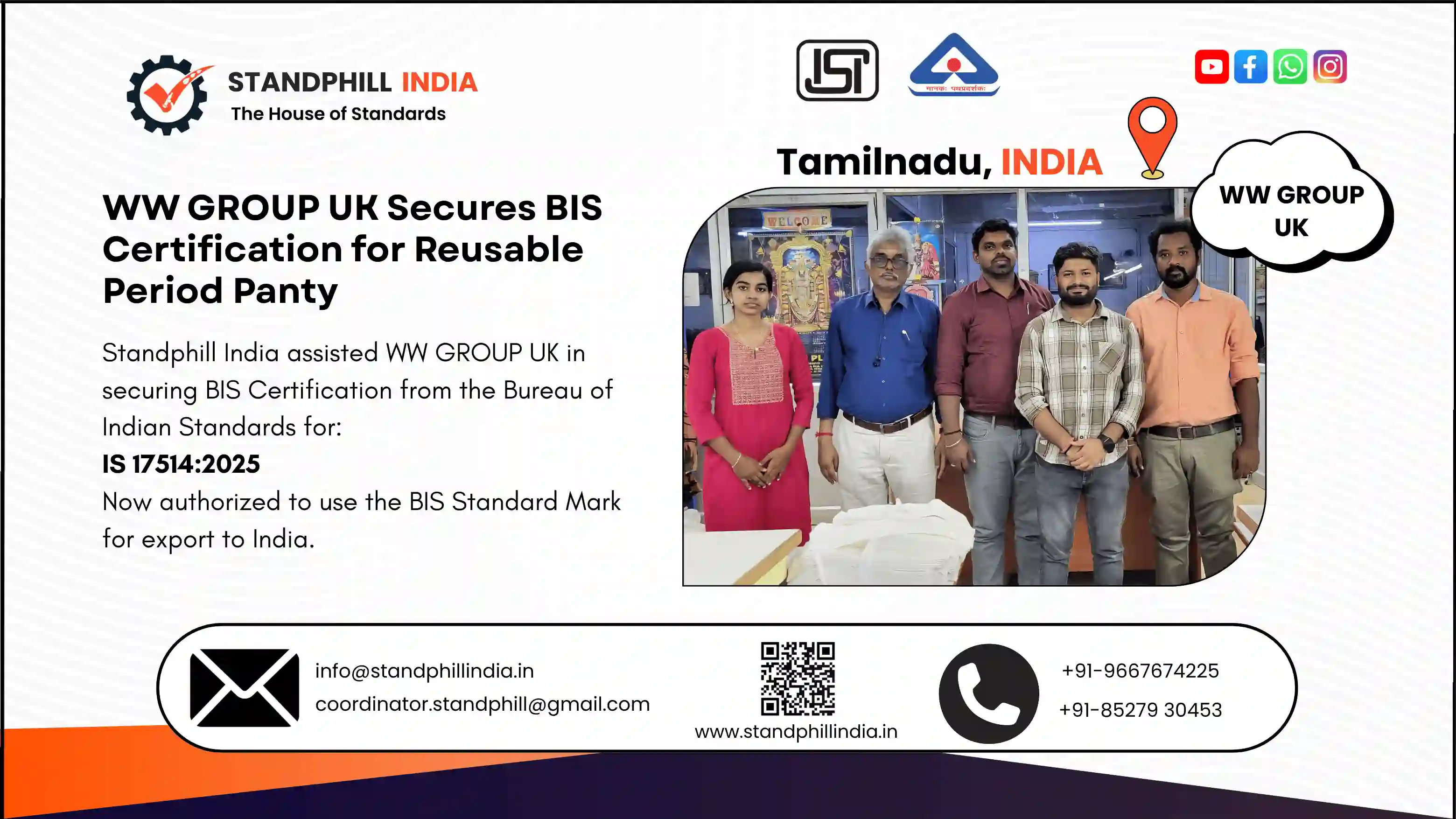 Standphill India assisted WW Group UK in securing BIS Certification for Reusable Period Panty under IS 17514:2025