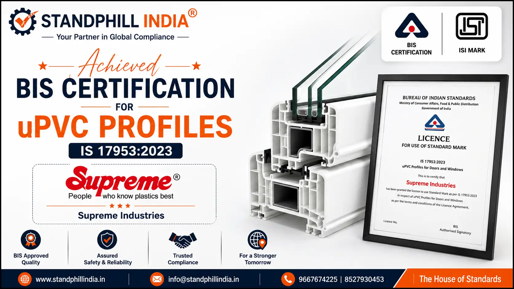 BIS Certification for uPVC Profiles for Windows and Doors IS 17953:2023 - The Supreme Industries Limited, Kanpur Dehat