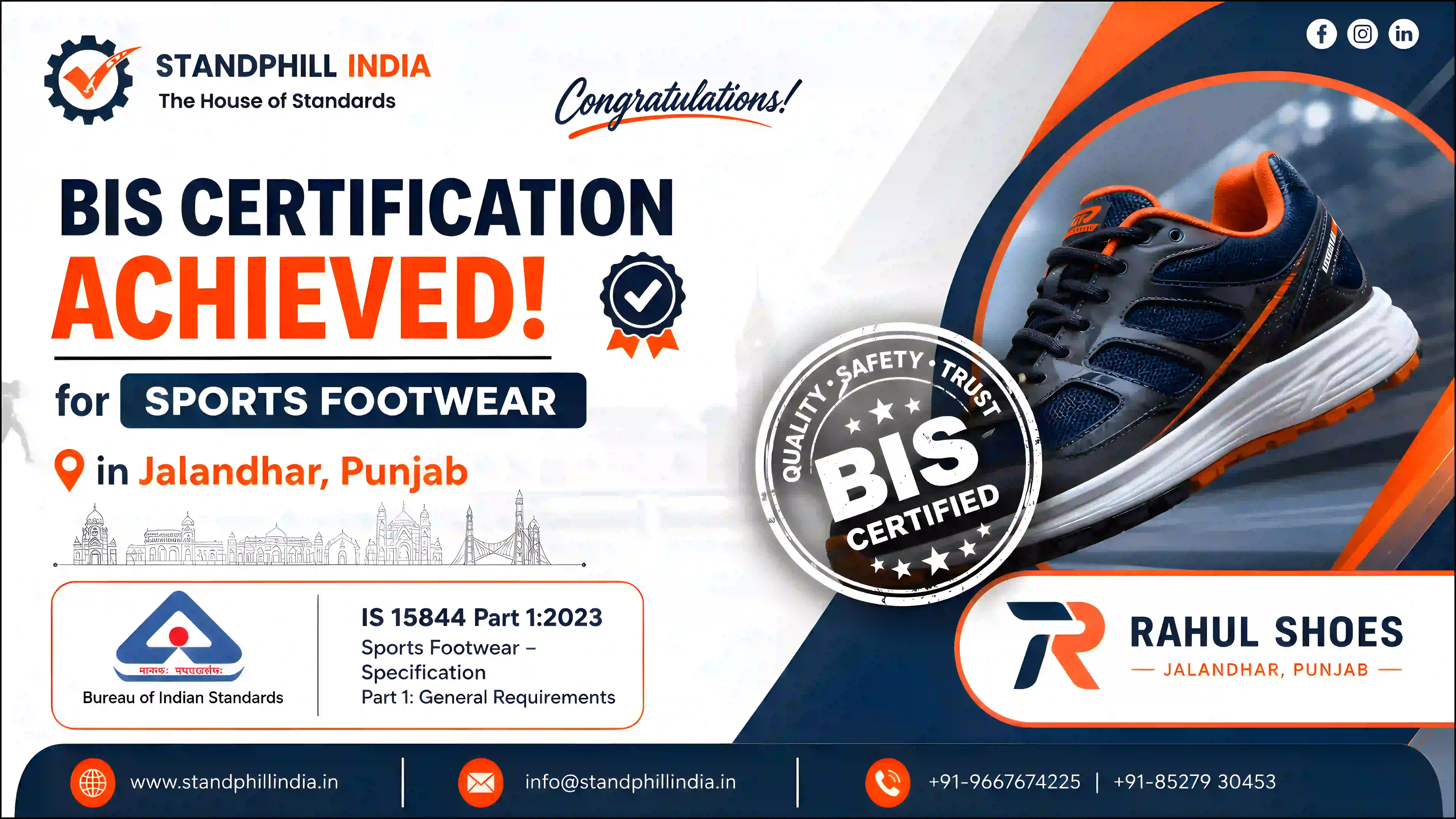 BIS Certification Achieved for Sports Footwear in Jalandhar Punjab — IS 15844 Part 1:2023 | Rahul Shoes | Standphill India