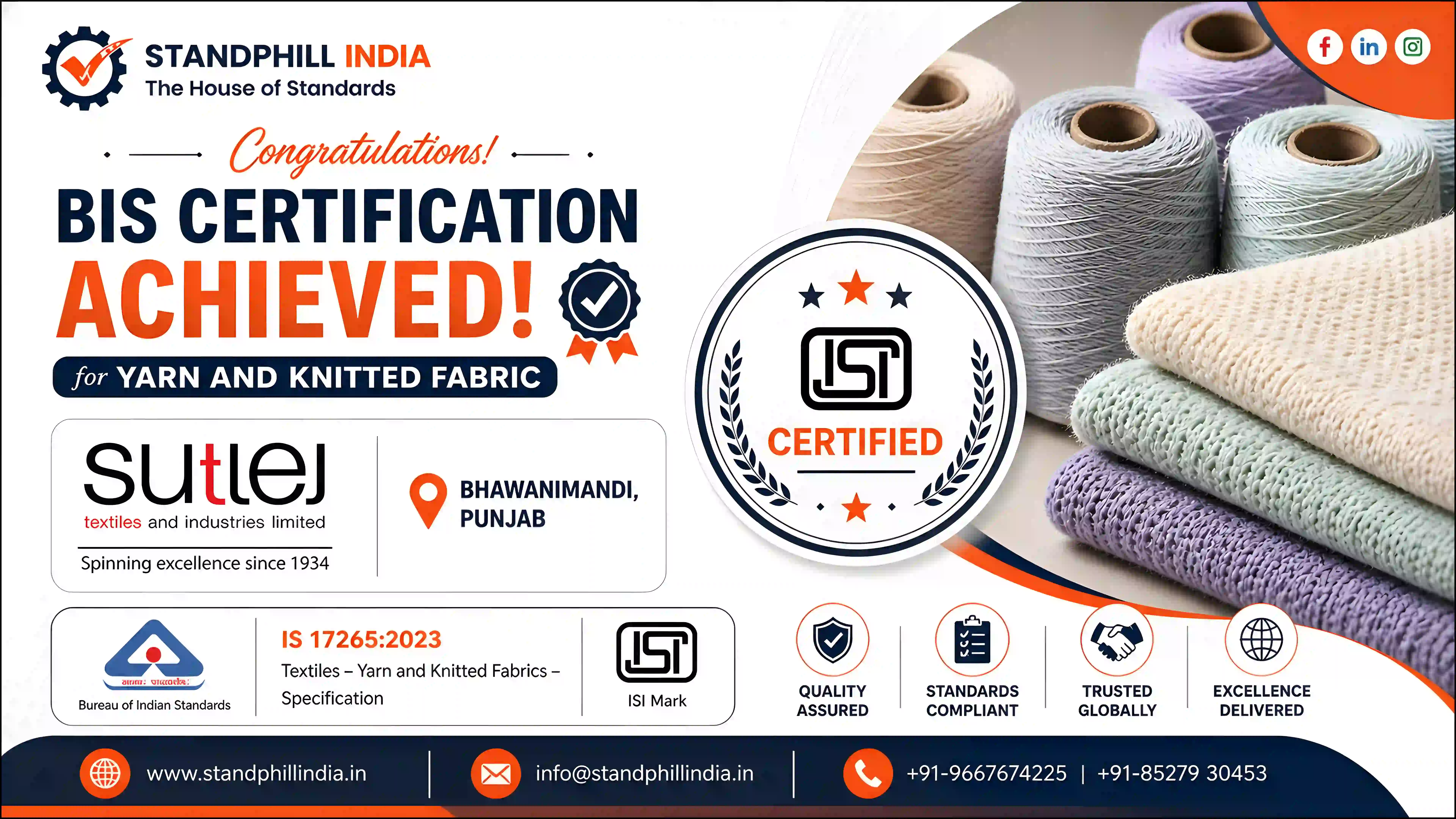 BIS ISI Mark Certification for Yarn and Knitted Fabric - IS 17265:2023 | Sutlej Textiles and Industries Limited, Bhawanimandi | Standphill India