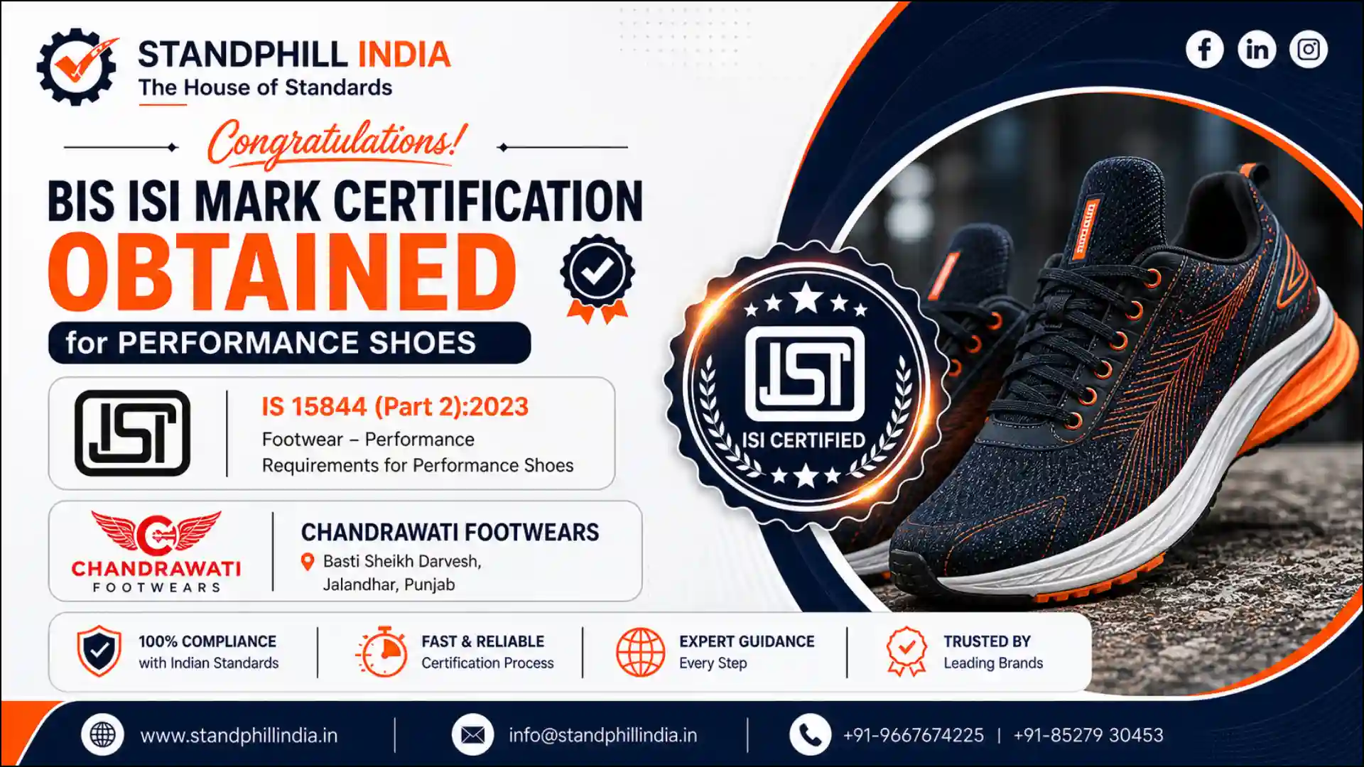 BIS ISI Mark Certification Obtained for Performance Shoes — IS 15844 Part 2:2023 | Chandrawati Footwears, Basti Sheikh Darvesh, Jalandhar | Standphill India