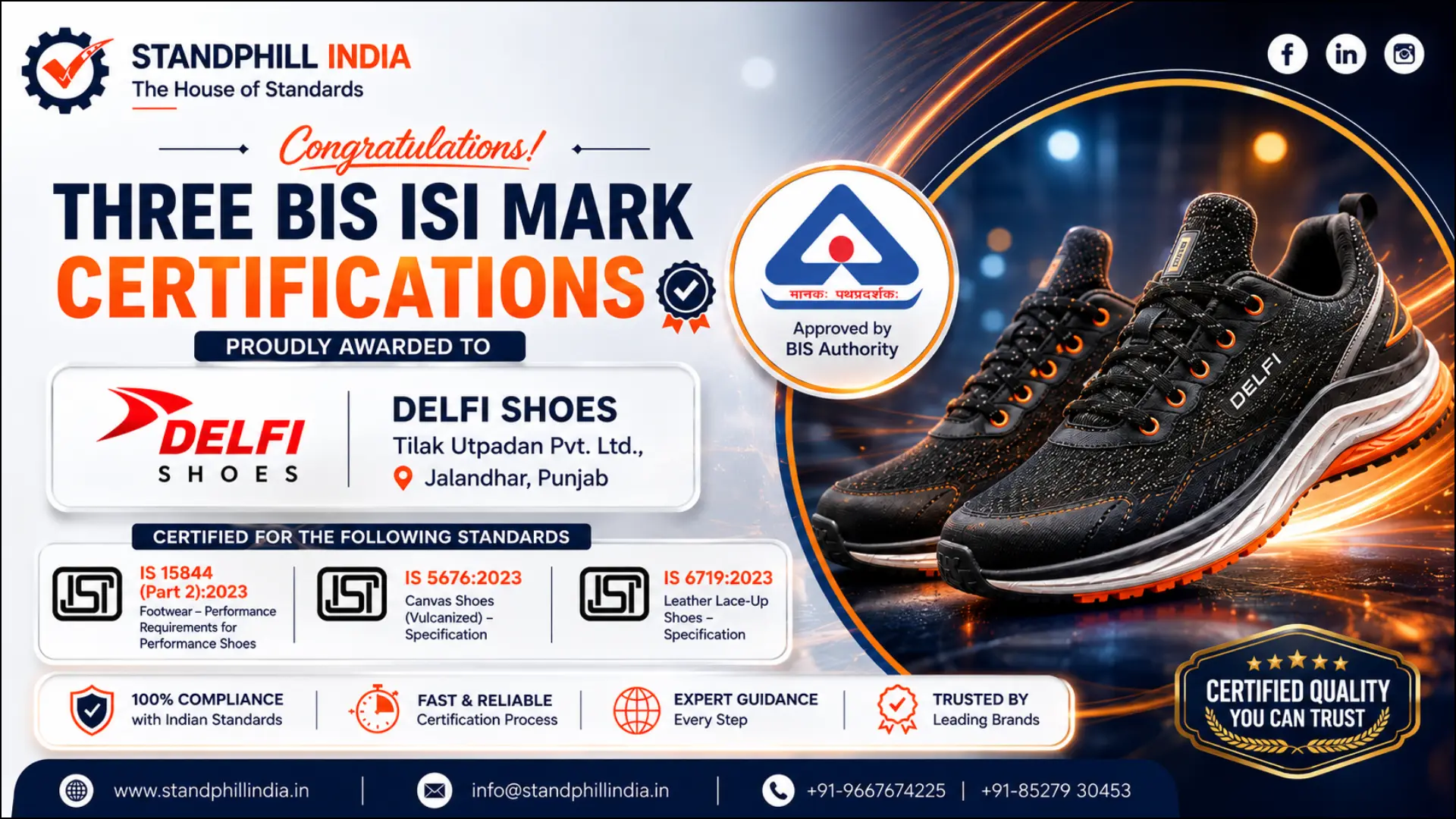Three BIS ISI Mark Certifications for DELFI SHOES — Tilak Utpadan Pvt. Ltd., Jalandhar | IS 15844 Part 2, IS 5676, IS 6719 | Standphill India