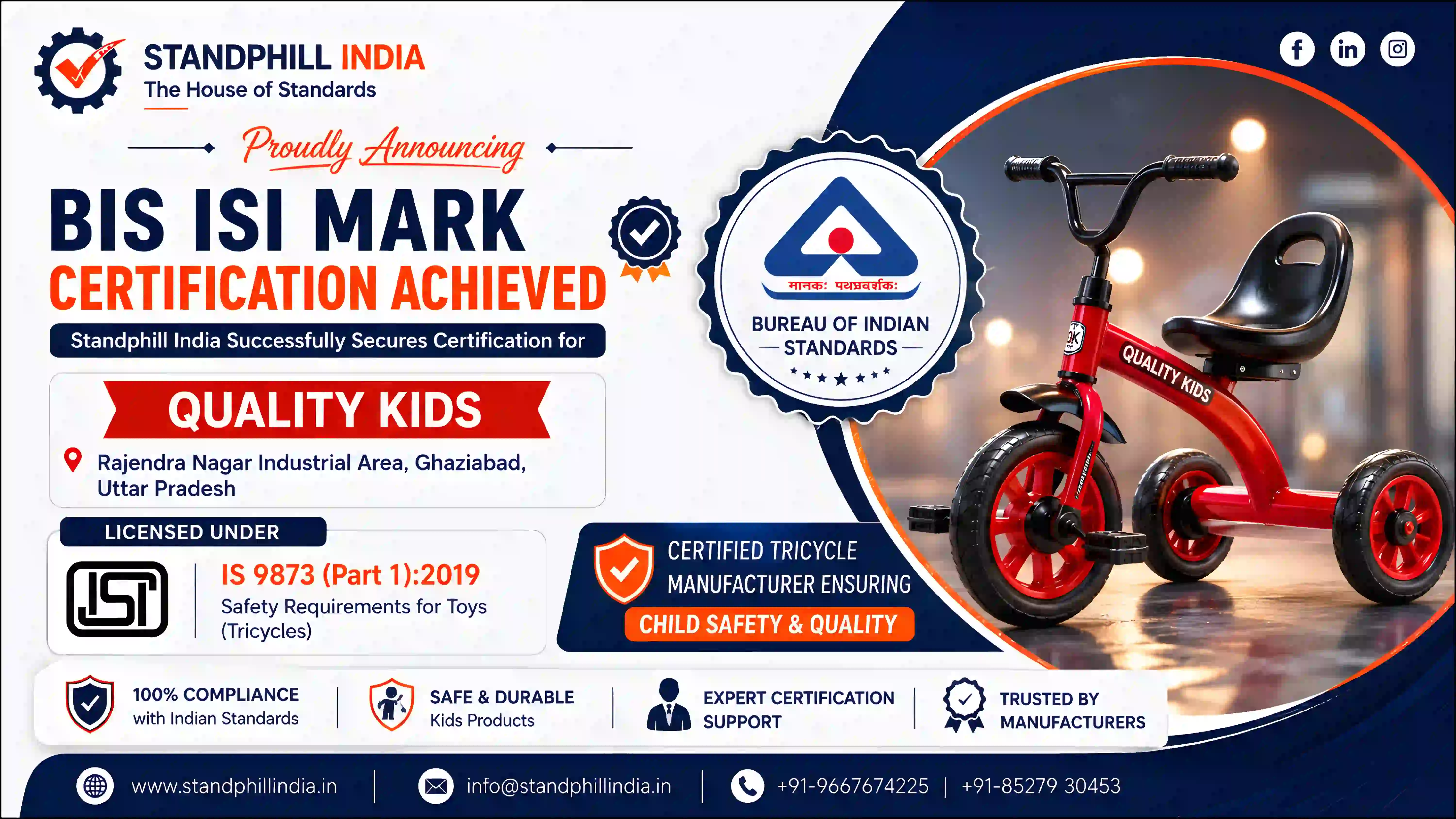 BIS Certification for Tricycle - IS 9873 Part 1:2019 Safety of Toys | Quality Kids, Ghaziabad, Uttar Pradesh | Standphill India