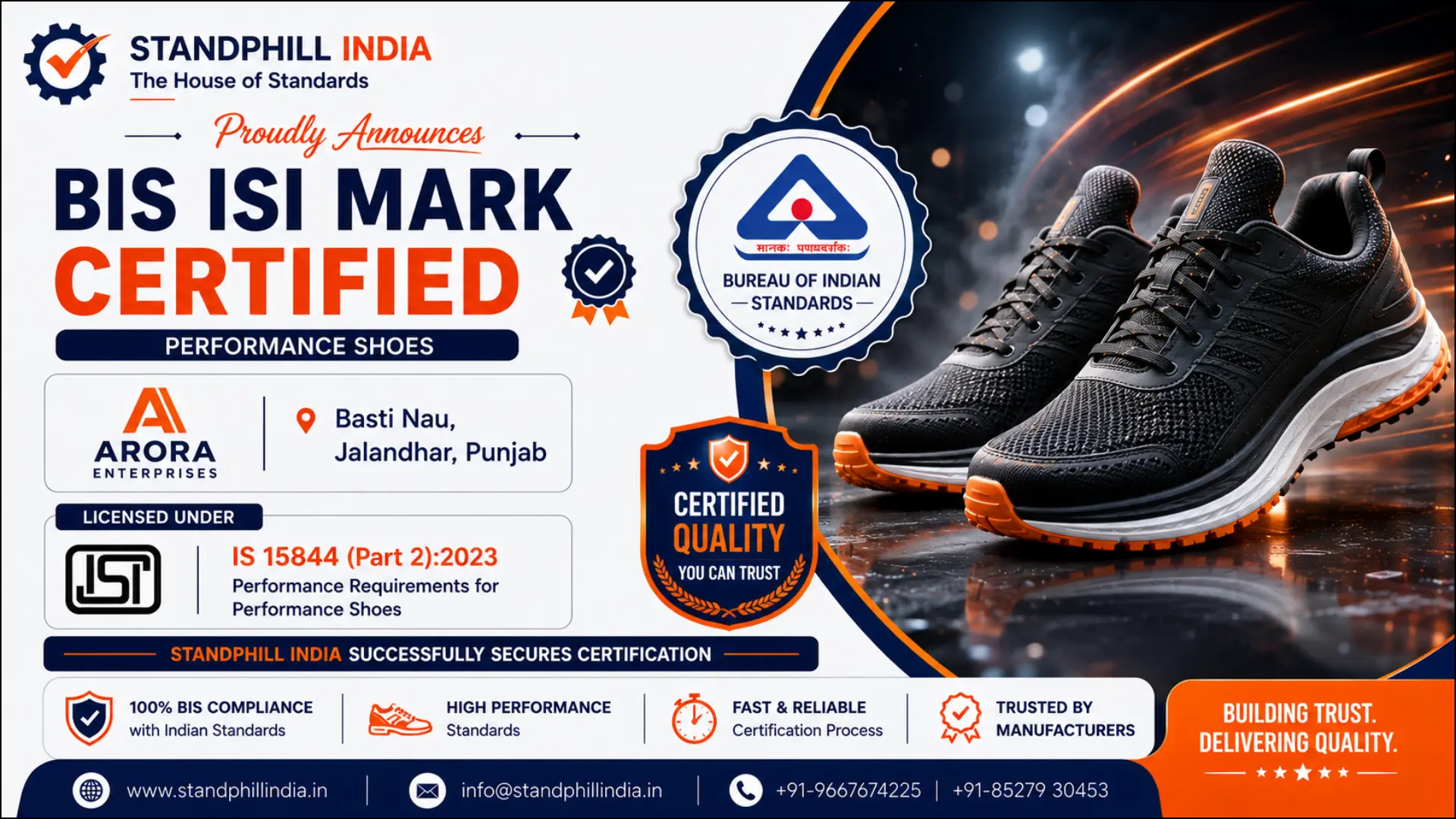 BIS ISI Mark Certification for Performance Shoes - IS 15844 Part 2:2023 | Sat Sai Satyajeet India Shoes, Sangal Sohal Road, Jalandhar | Standphill India