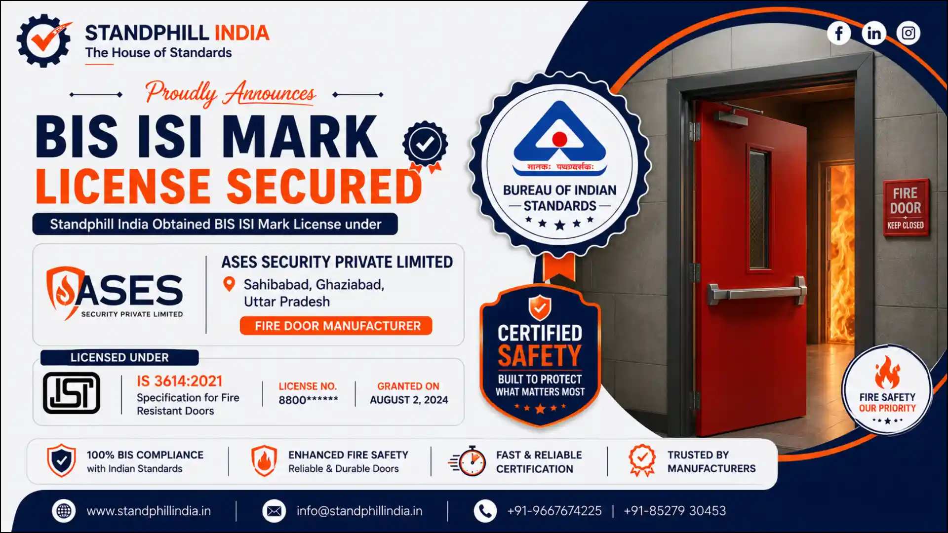 BIS Certification for Fire Doors IS 3614:2021 - ASES Security Private Limited, Sahibabad, Ghaziabad | Standphill India