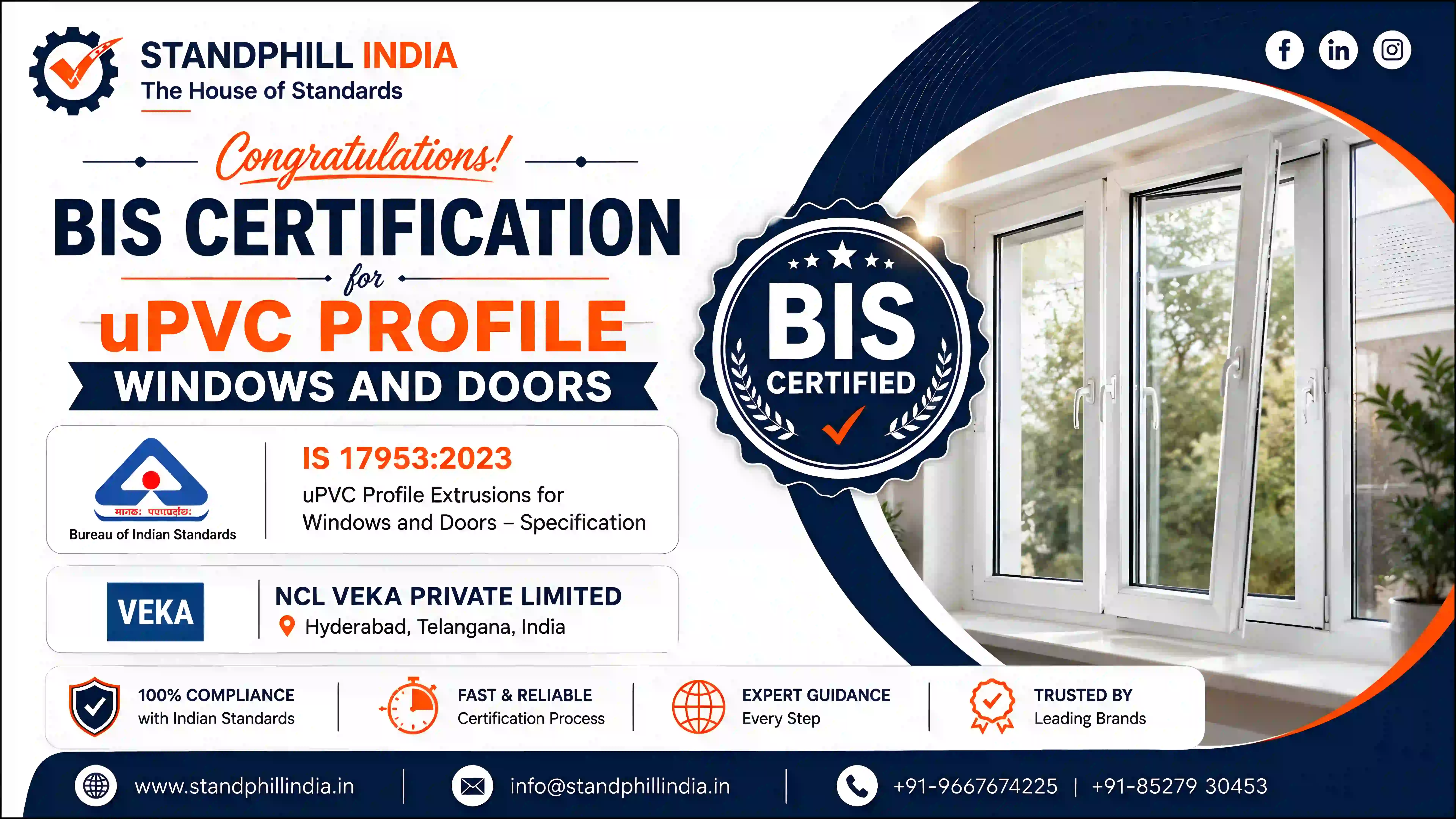 BIS Certification for UPVC Profile Windows and Doors IS 17953:2023 - NCL VEKA Private Limited, Hyderabad | Standphill India