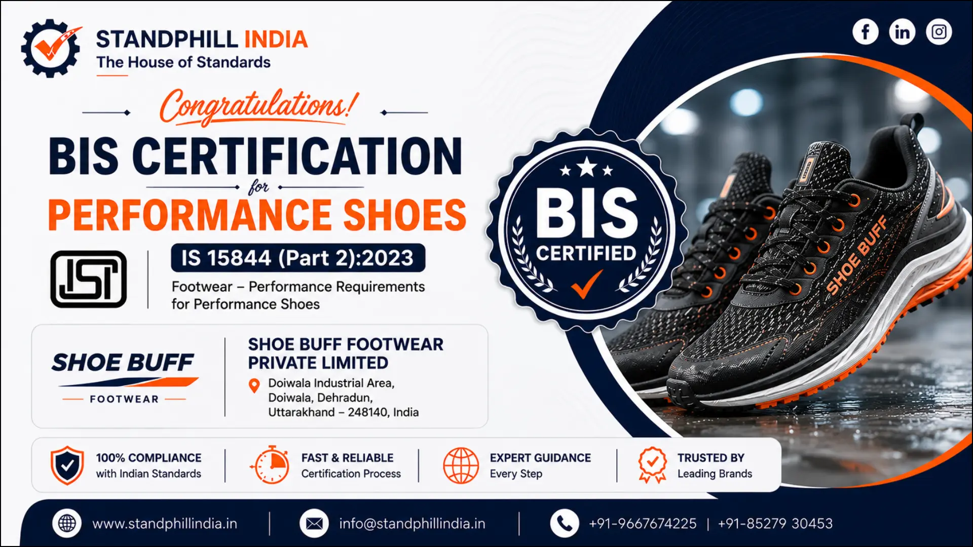 BIS Certification for Performance Shoes IS 15844 Part 2:2023 — Shoe Buff Footwear Private Limited, Doiwala, Dehradun, Uttarakhand | Standphill India