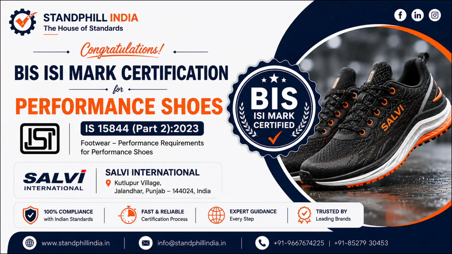 BIS ISI Mark Certification for Performance Shoes IS 15844 Part 2:2023 — Salvi International, Kutlupur Village, Jalandhar | Standphill India