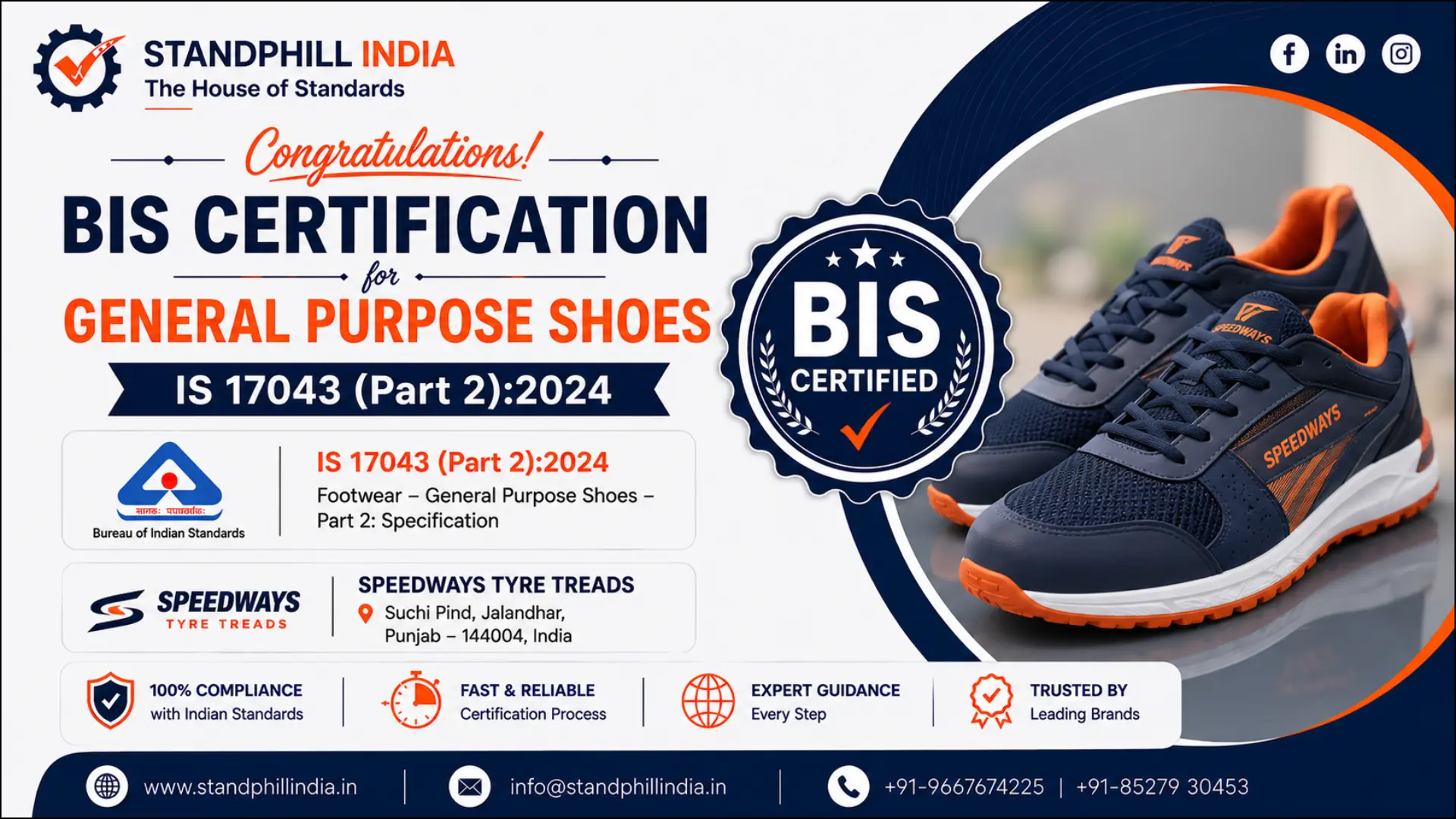 BIS Certification for General Purpose Shoes IS 17043 Part 2:2024 - Speedways Tyre Treads, Suchi Pind, Jalandhar | Standphill India