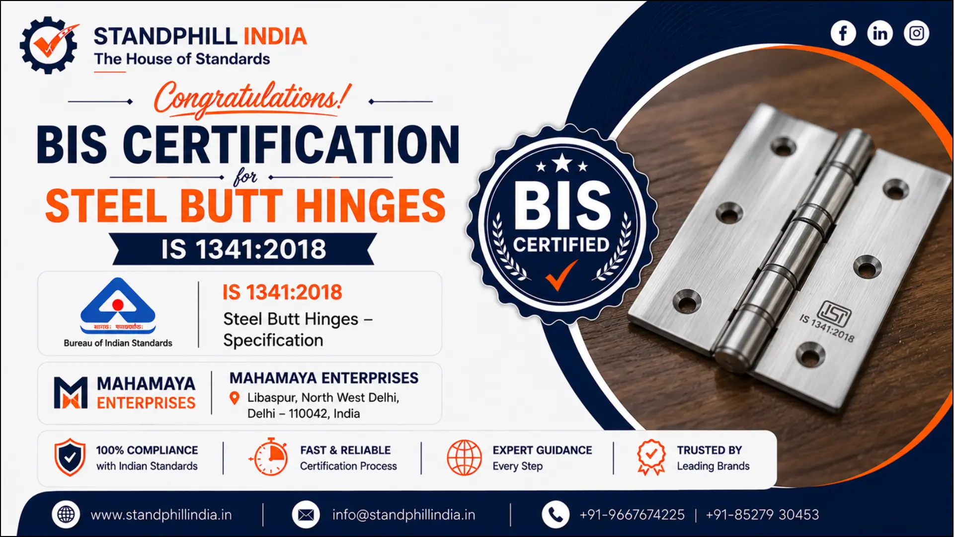 BIS Certification for Steel Butt Hinges IS 1341:2018 - Mahamaya Enterprises, Libaspur, North West Delhi | Standphill India