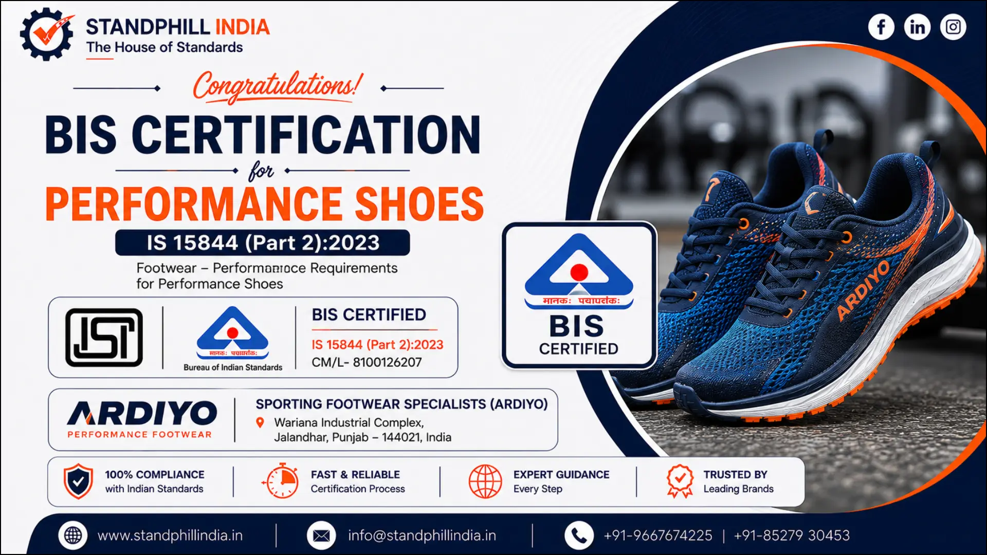 BIS Certification for Performance Shoes IS 15844 Part 2:2023 — Sporting Footwear Specialists (ARDIYO), Wariana Industrial Complex, Jalandhar | Standphill India