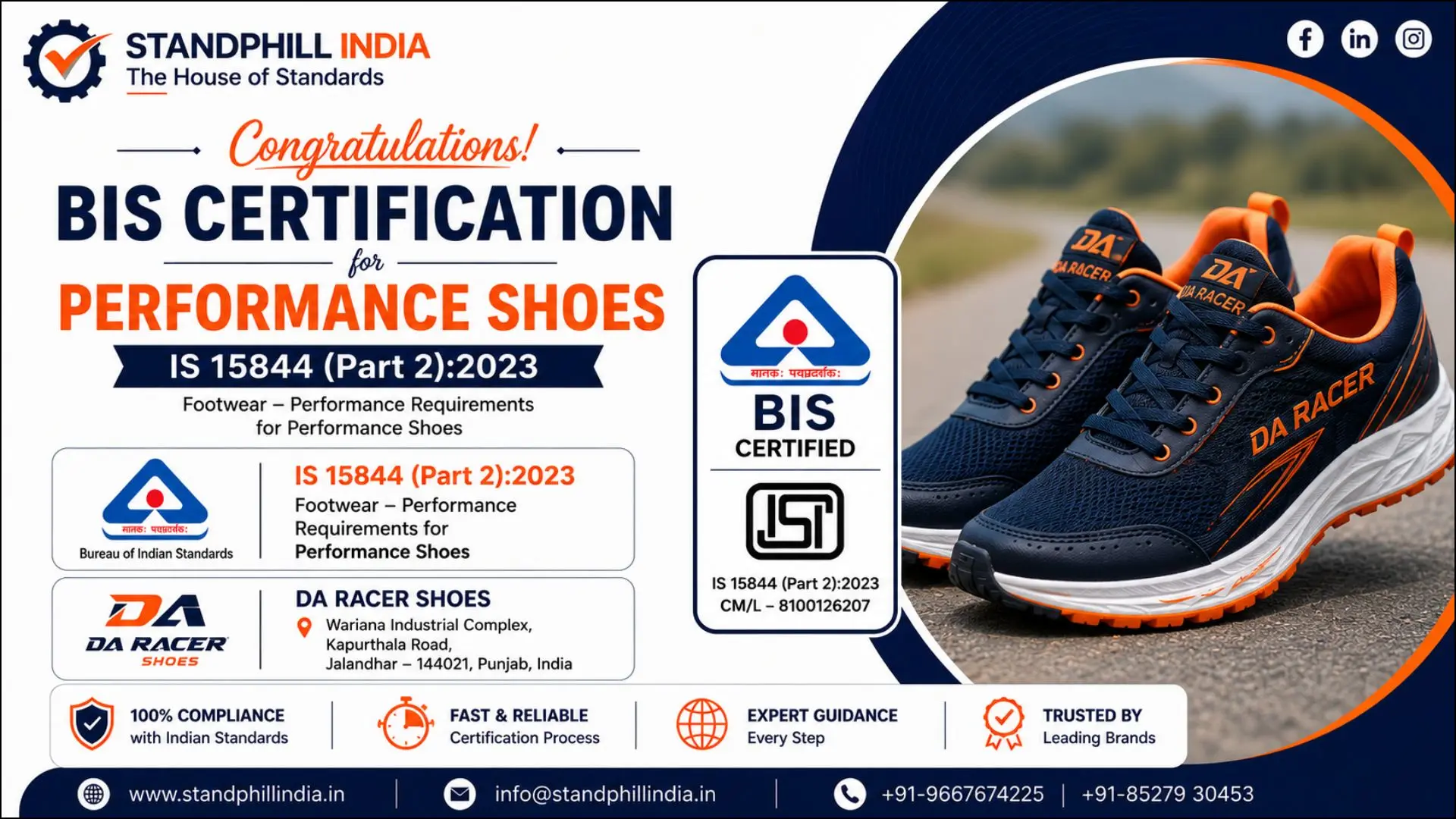 BIS Certification for Performance Shoes IS 15844 Part 2:2023 - DA Racer Shoes, Wariana Industrial Complex, Kapurthala Road, Jalandhar
