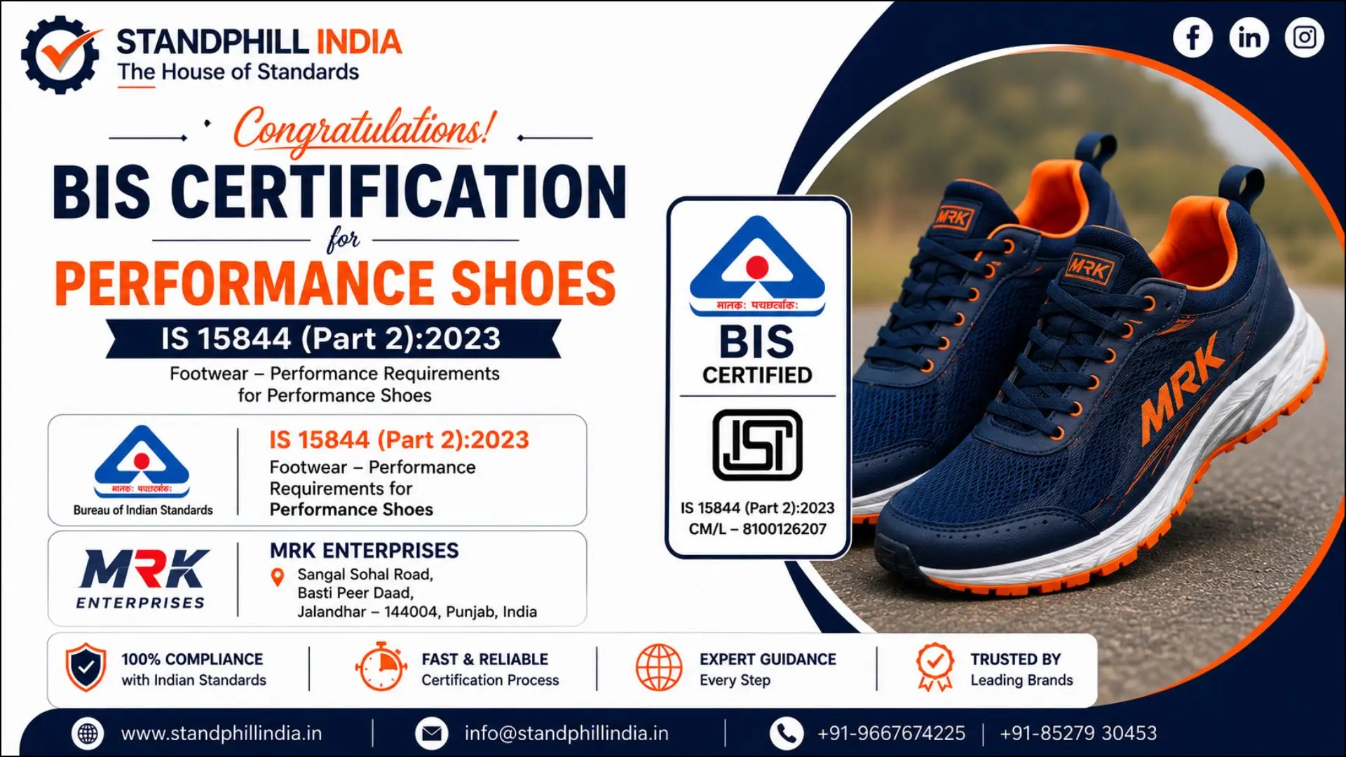 BIS Certification for Performance Shoes IS 15844 Part 2:2023 - MRK Enterprises, Sangal Sohal Road, Basti Peer Daad, Jalandhar | Standphill India