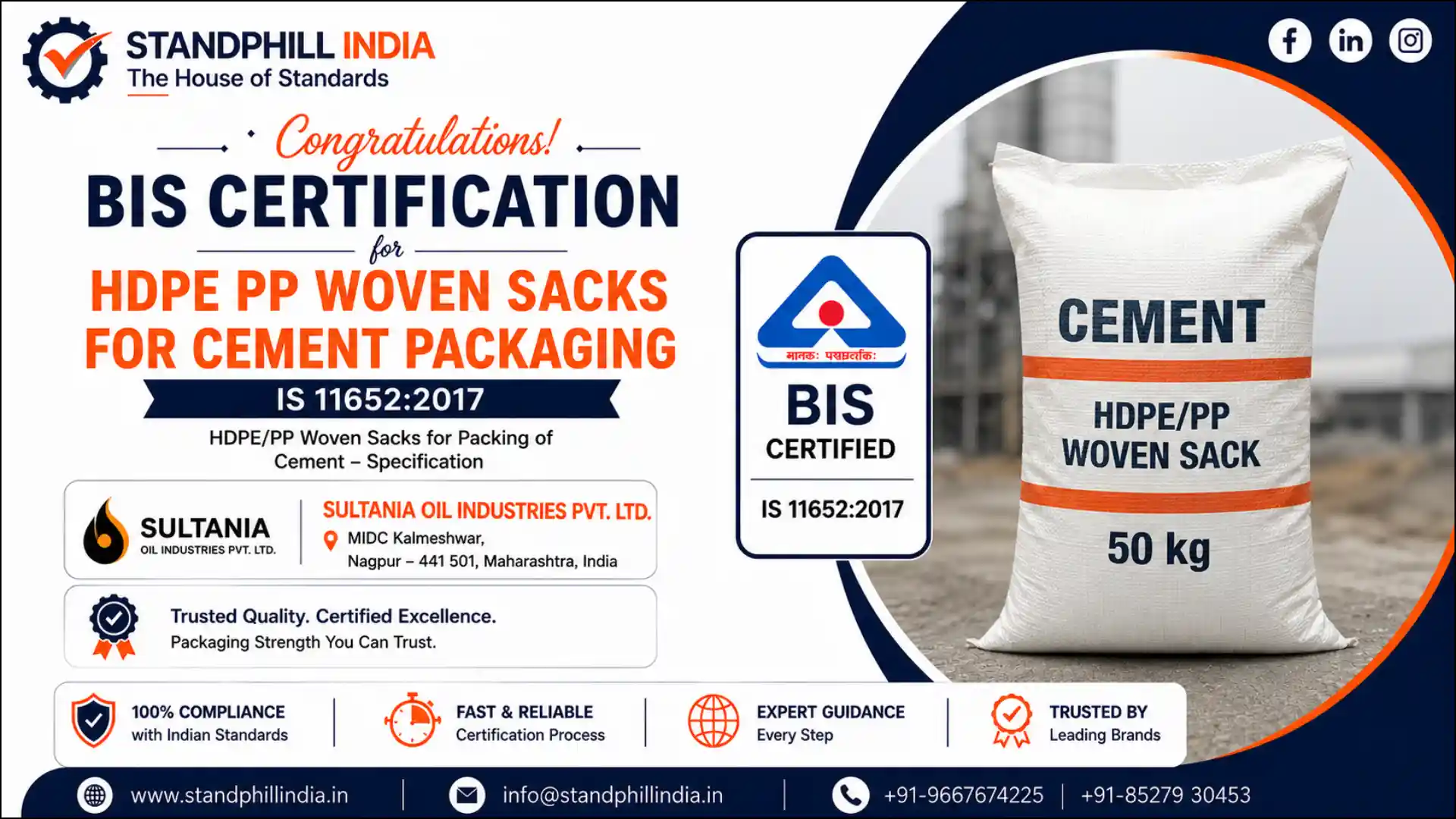BIS Certification for HDPE PP Woven Sacks for Cement Packaging IS 11652:2017 - Sultania Oil Industries Pvt. Ltd., MIDC Kalmeshwar, Nagpur | Standphill India
